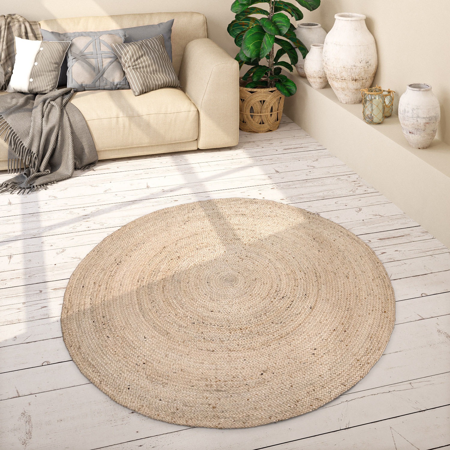 Paco Home Teppich "Viborg 595" rund 13 mm Höhe Jute, Modern, Boho, Handgefe günstig online kaufen