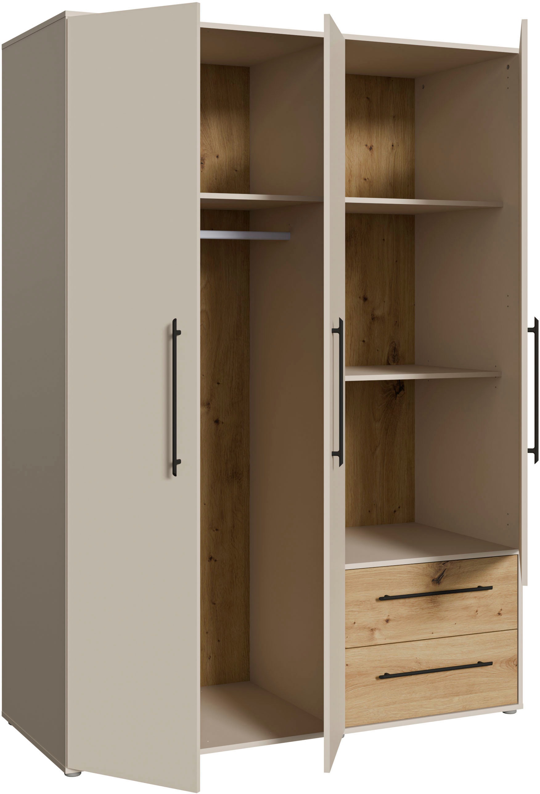 FORTE Drehtürenschrank »Mokkaris, OTTOs Choice, TOPSELLER! 3 Türen, zeitloses Design«, (BHT ca. 145x200x59cm), Schubladen + schwarze Stangengriffe, Made in Europe, viel Stauraum