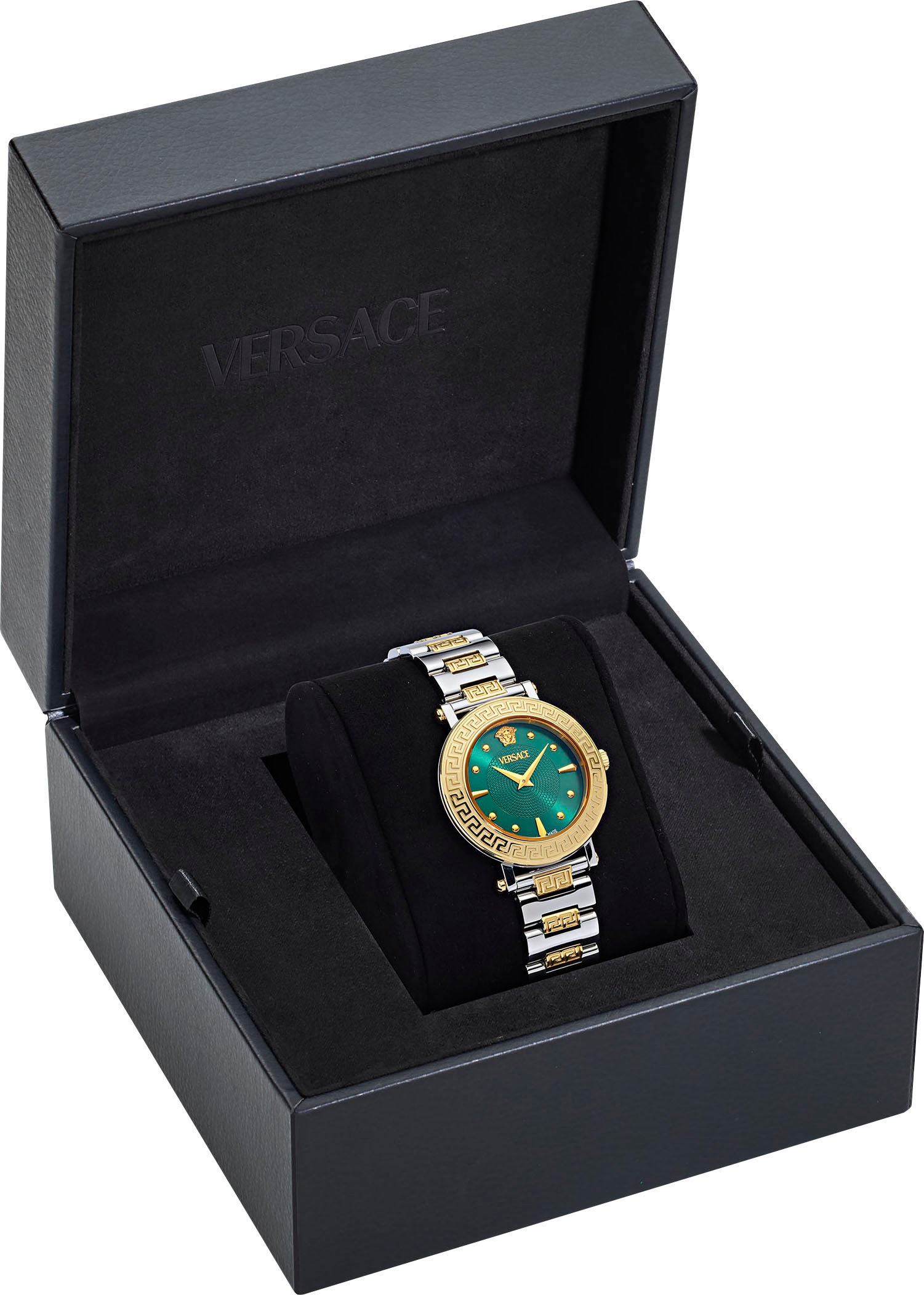 Versace Quarzuhr »GRECA SPHERE«, Armbanduhr, Damenuhr, Swiss Made, Saphirglas, Edelstahlarmband, analog