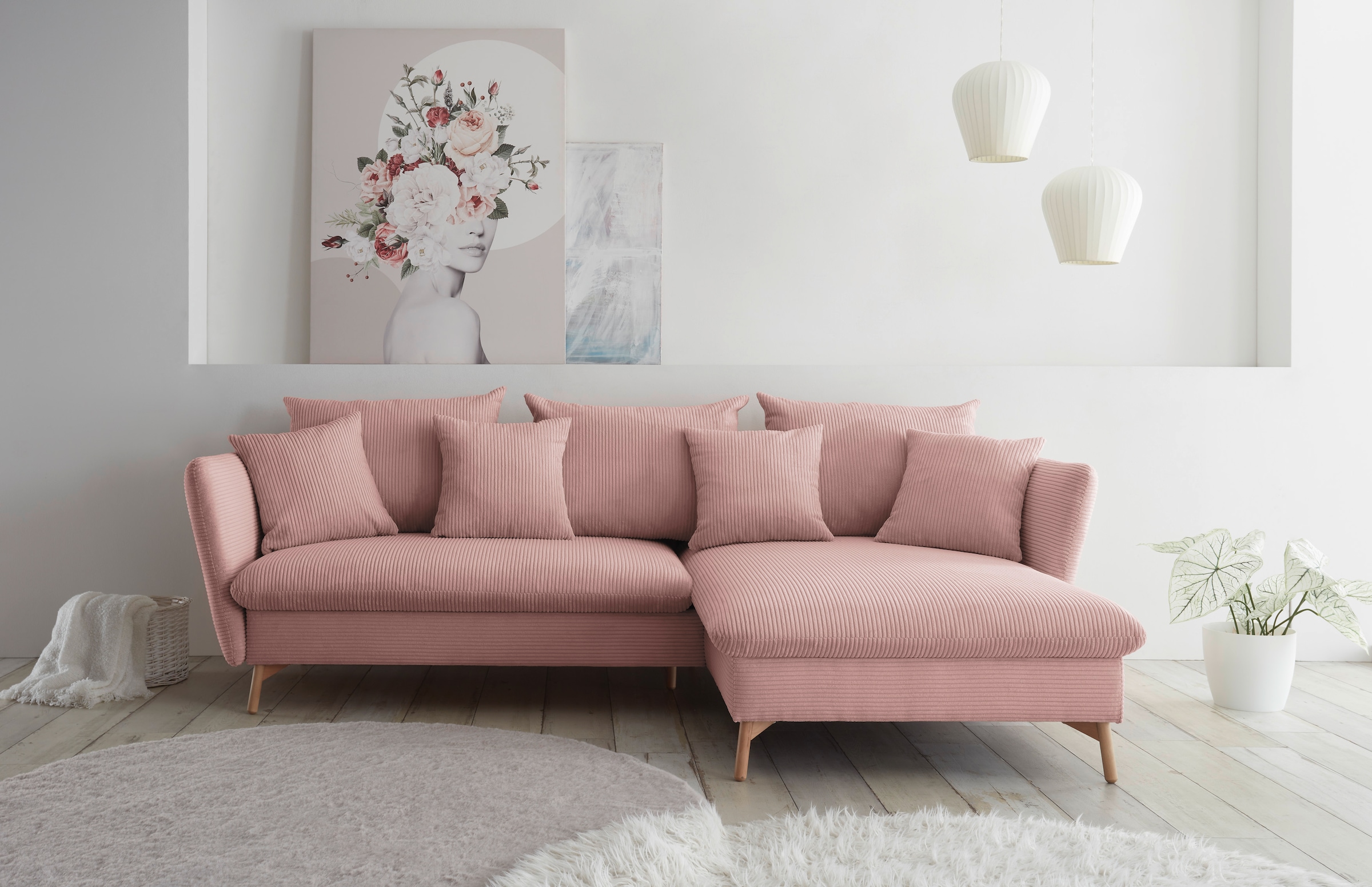 andas Ecksofa »MERLE, 258 cm, L-Form, Cord,«, mit Schlaffunktion, Liegefläche 224 x 139 cm und Bettkasten