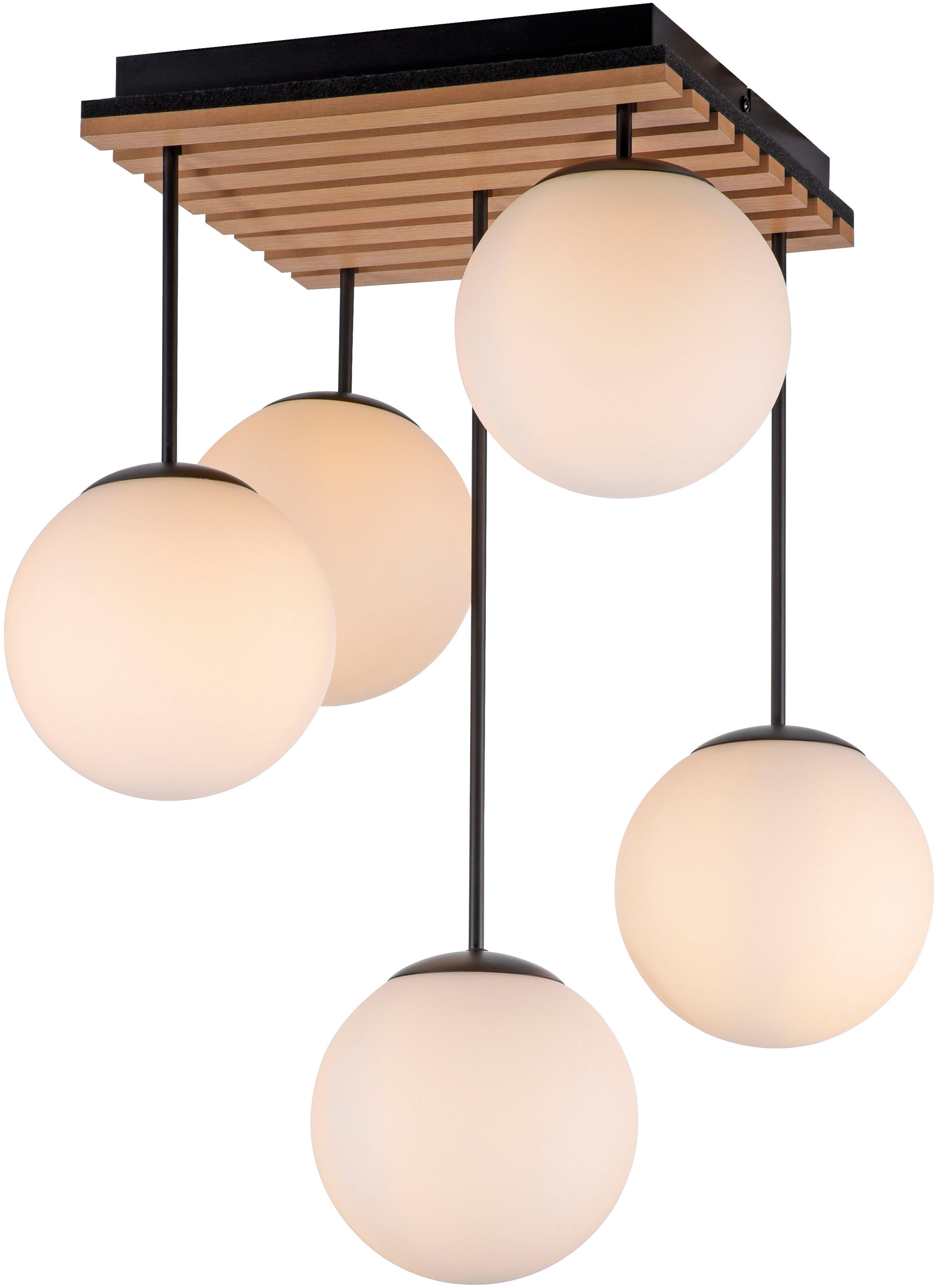 Leonique Deckenleuchte »Erinette Akustikpaneele mit Glaskugeln«, 5 flammig, Leuchtmittel E14 | ohne Leuchtmittel-Leuchtmittel wechselbar, Holz, Akustik, Paneele, Glas, Deckenlampe E14