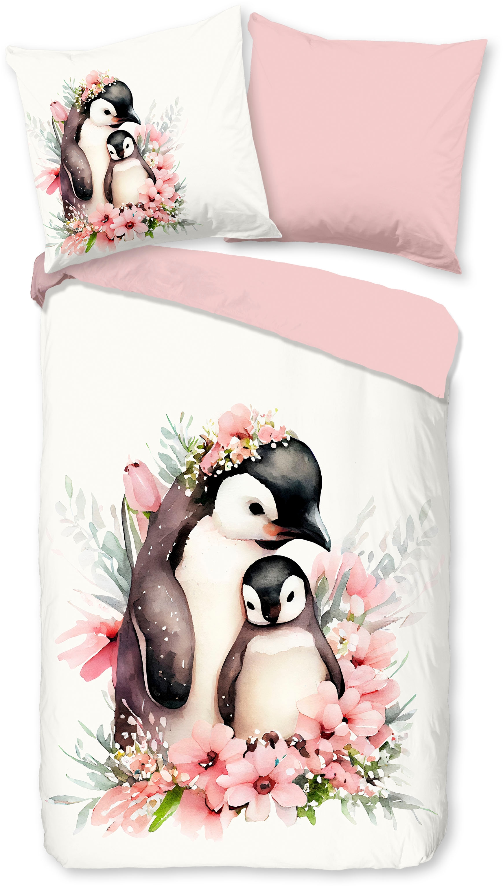 good morning Kinderbettwäsche »Penny« 2 Stk. tlg. Flanell Biber, 135x200, Warm, Reißverschluss, Wende, Mädchen, Pinguin