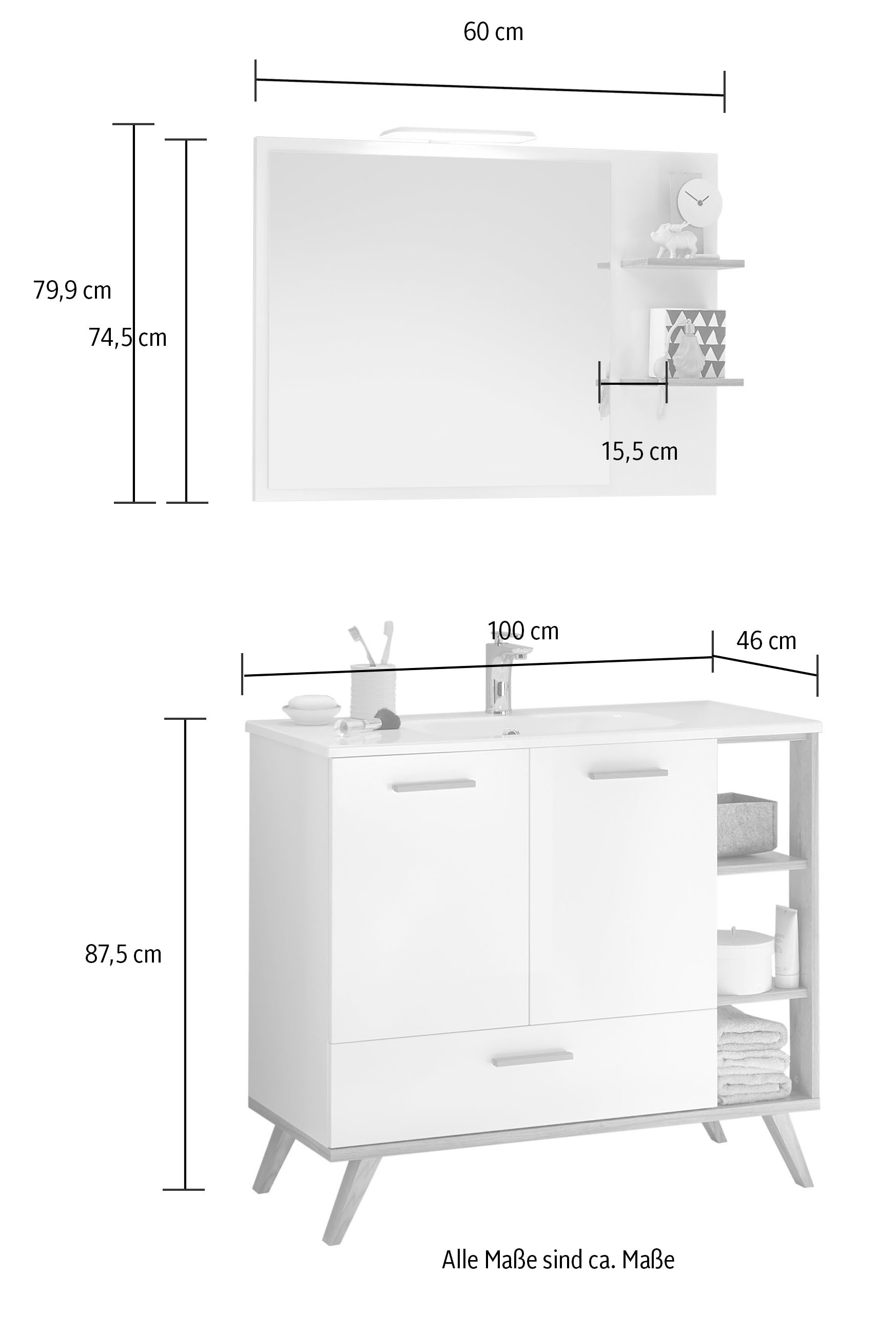 Saphir Badmöbel-Set »Quickset Mineralmarmor-Waschtisch mit LED-Spiegel, 101 cm breit«, (4 St.), Waschplatz, 2 Türen, 1 Schublade, seitliche Ablagen, Bad-Set