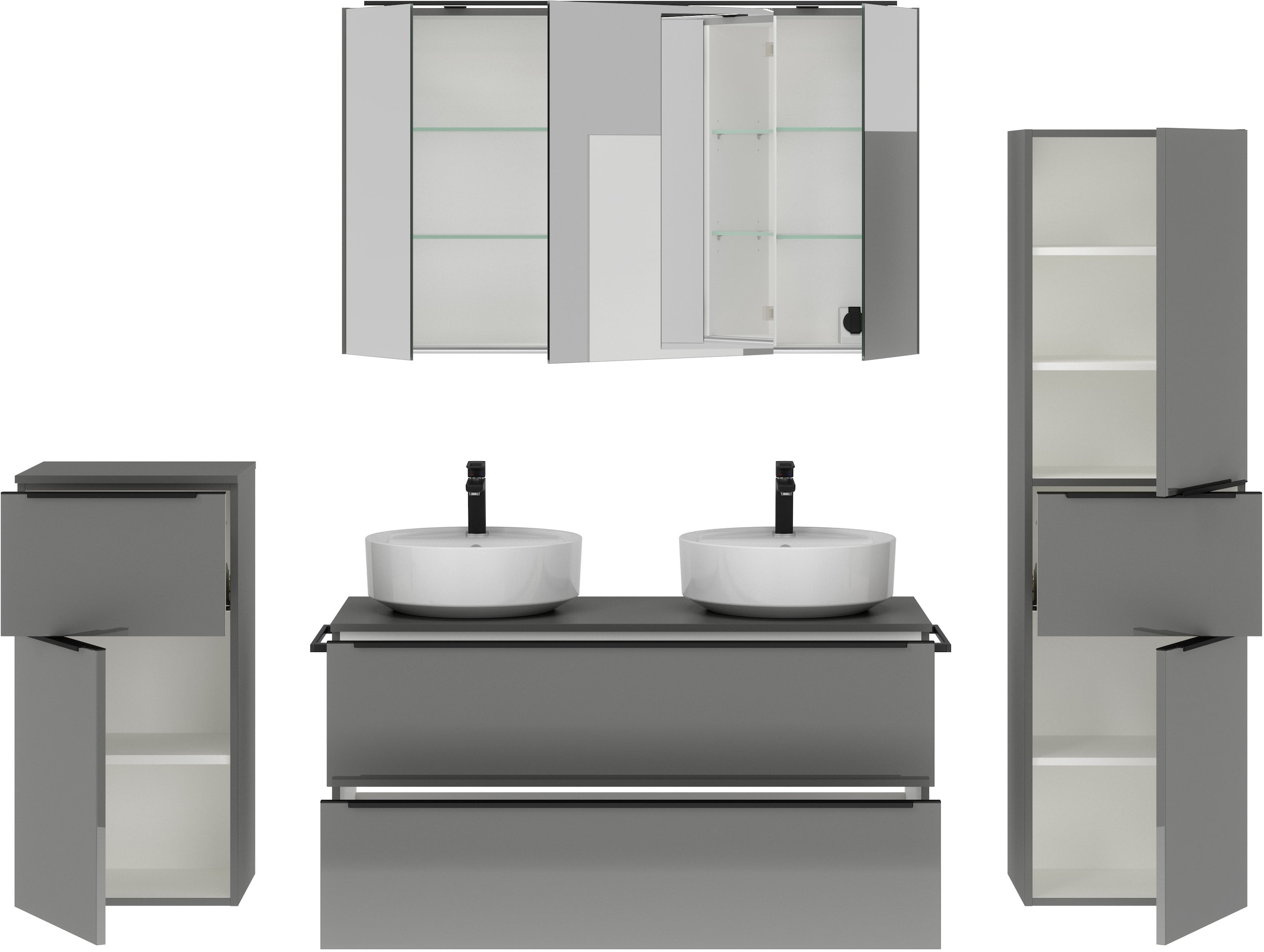 nobilia® Badmöbel-Set »Alvene«, (4 St., vormontiert, mit Soft-Close), inkl. Spiegelschrank mit Beleuchtung und Dimmerfunktion, in 4 Breiten