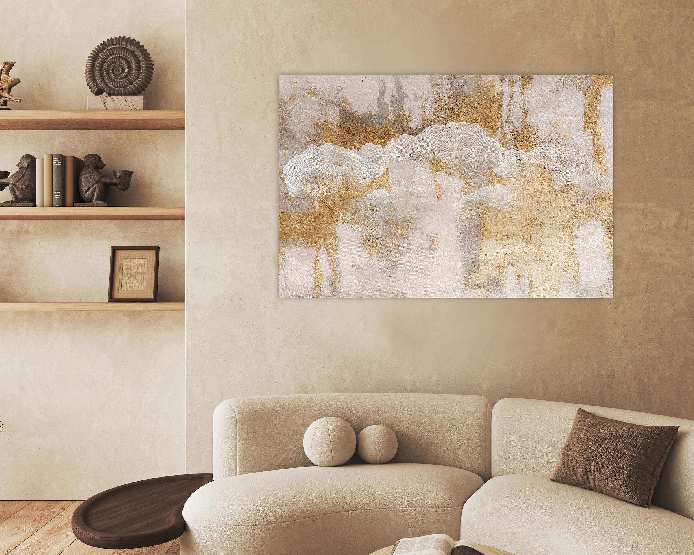 queence Leinwandbild »Gingko Abstrakt in Gold, Canvas Bild von Hand bespannt« 1 Stk. tlg. Zeitlose Ginkgo-Motive in hellen Farben