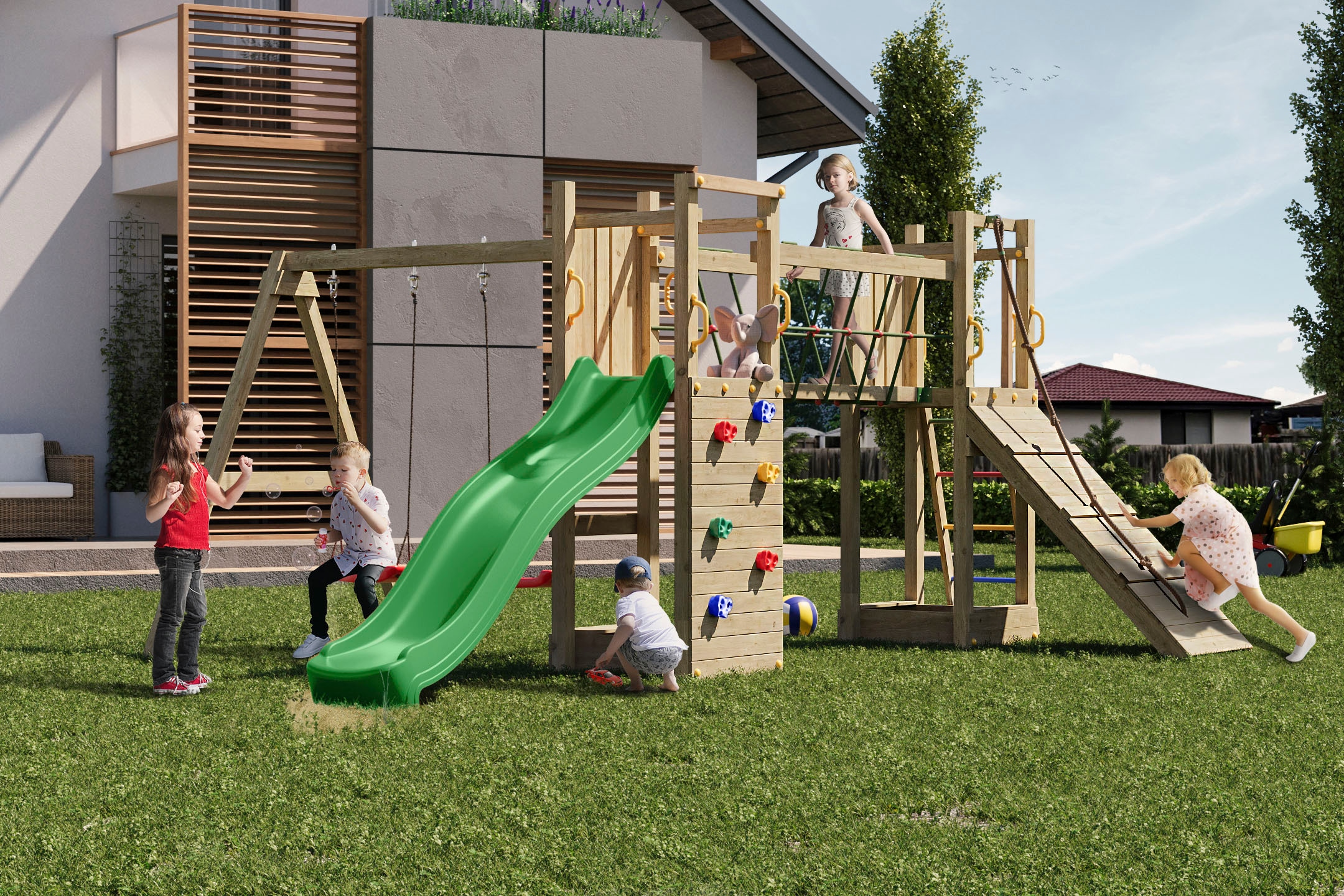 FUNGOO Spielturm »Maxi Funny Exposure«, Schaukel, Rutsche mit Wasseranschluss, Sandkasten, Brückenverbindung