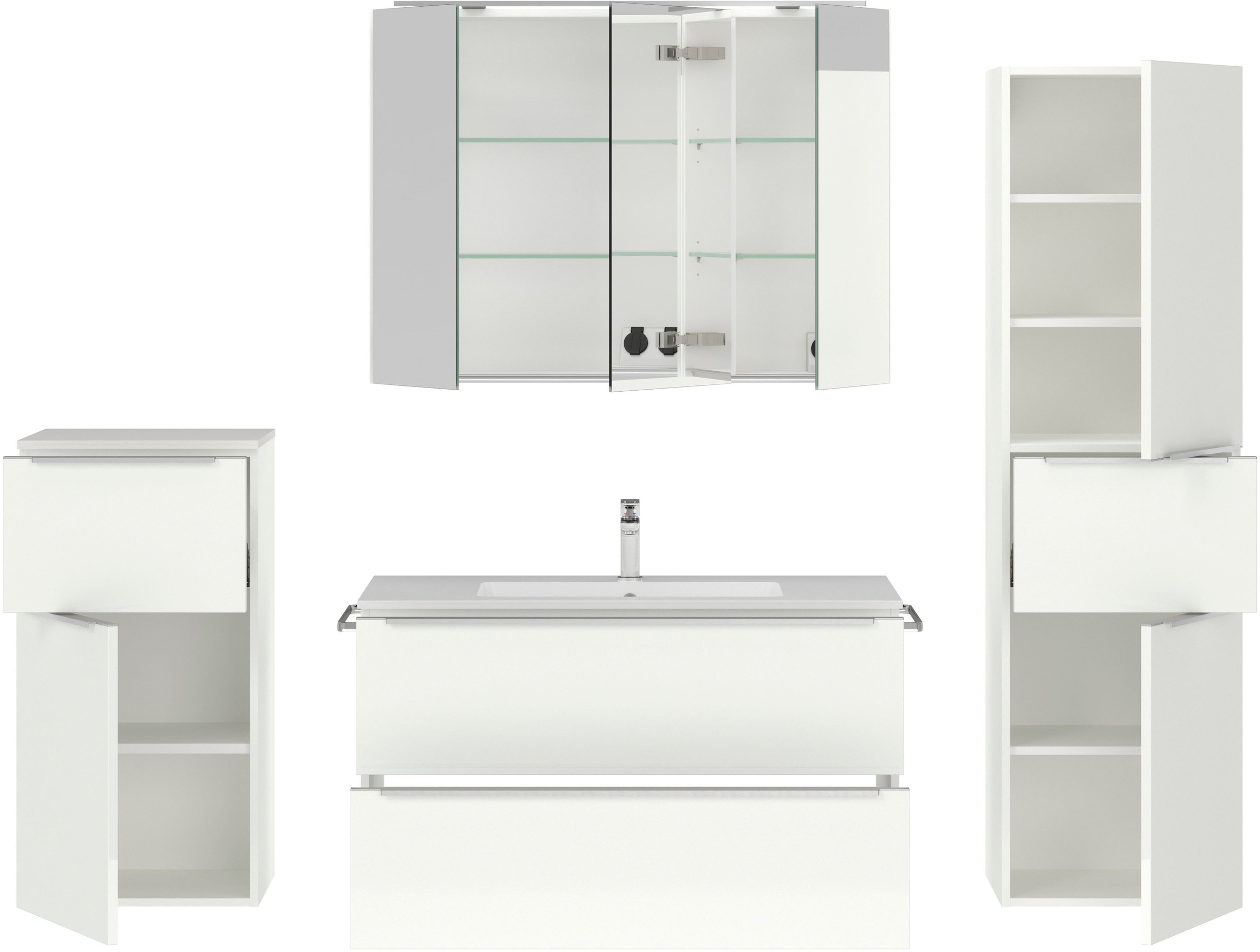 nobilia® Badmöbel-Set »Levere«, (4 St., vormontiert, mit Soft-Close), inkl. Spiegelschrank mit Beleuchtung und Dimmerfunktion, in 4 Breiten