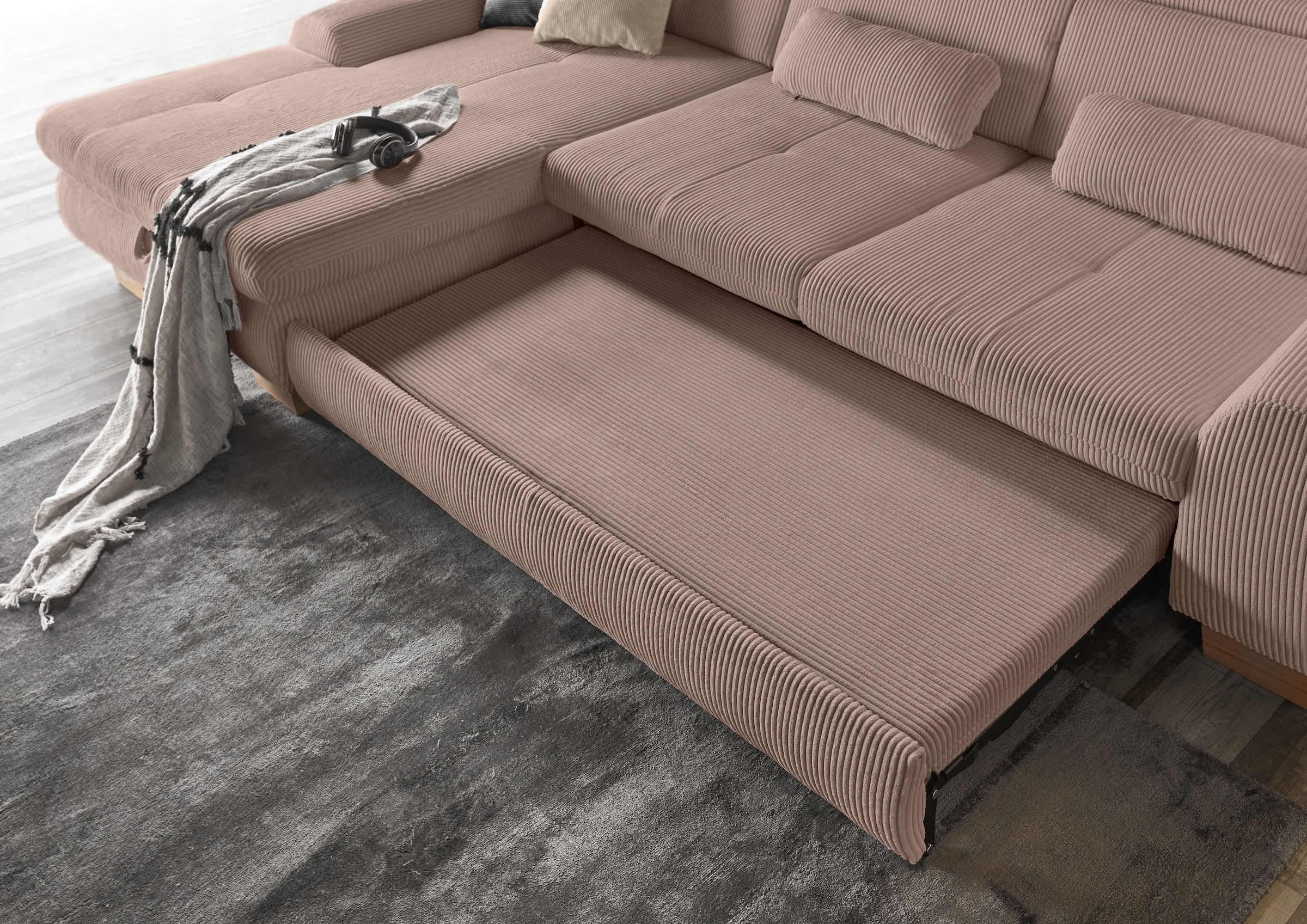 set one by Musterring Ecksofa »SO 3400, Cord, Sitzhöhe 47cm oder 49cm, inkl. Sitztiefenverstellung«, mit Canape und verschiedenen Funktionen, Kaltschaum, B307 x T195 cm