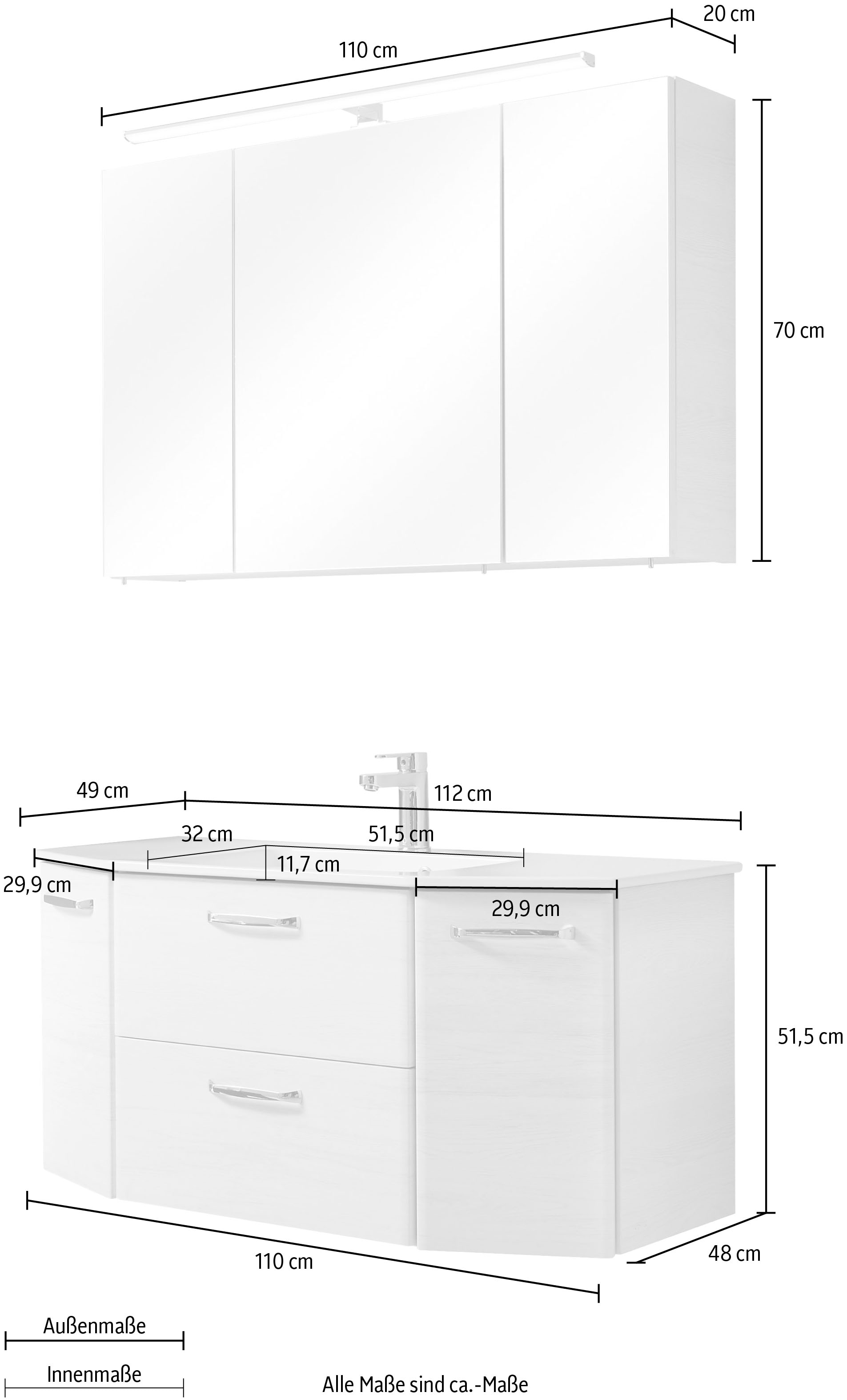 PELIPAL Badmöbel-Set »Quickset bestellen LED-Beleuchtung, online St.), Waschtisch-Kombination Spiegelschrank 936«, inkl. 2 (Set