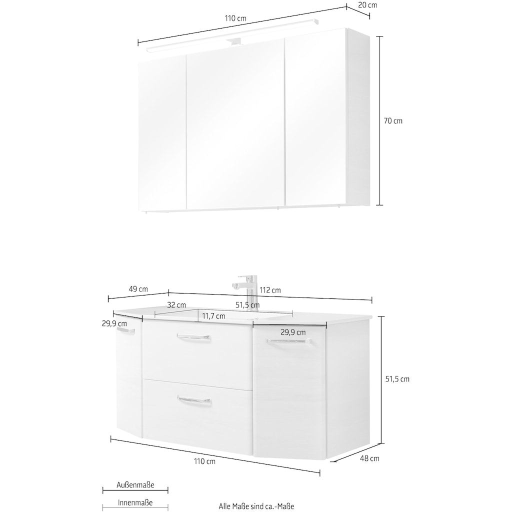 Saphir Badmöbel-Set »Quickset 2-teilig, Keramik-Waschtisch mit LED-Spiegelschrank, 5 Türen«, (Set, 2 St.)