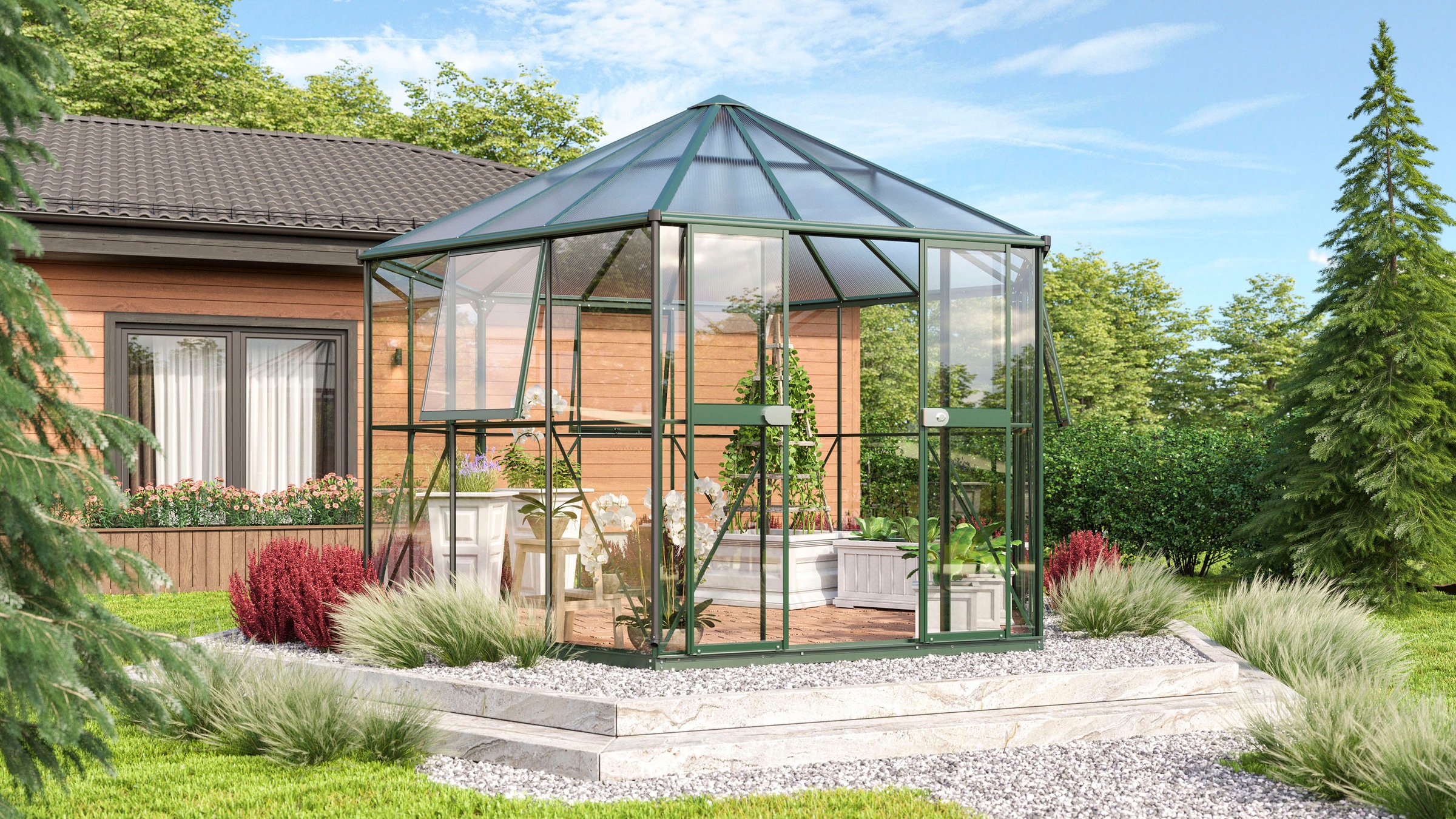 Vitavia Gewächshaus »Juno 9000, mit Stahlfundamentrahmen« Alu-Profile,3 mm Sicherheitsglas, Dach 6 mm Hohlkammerplatten