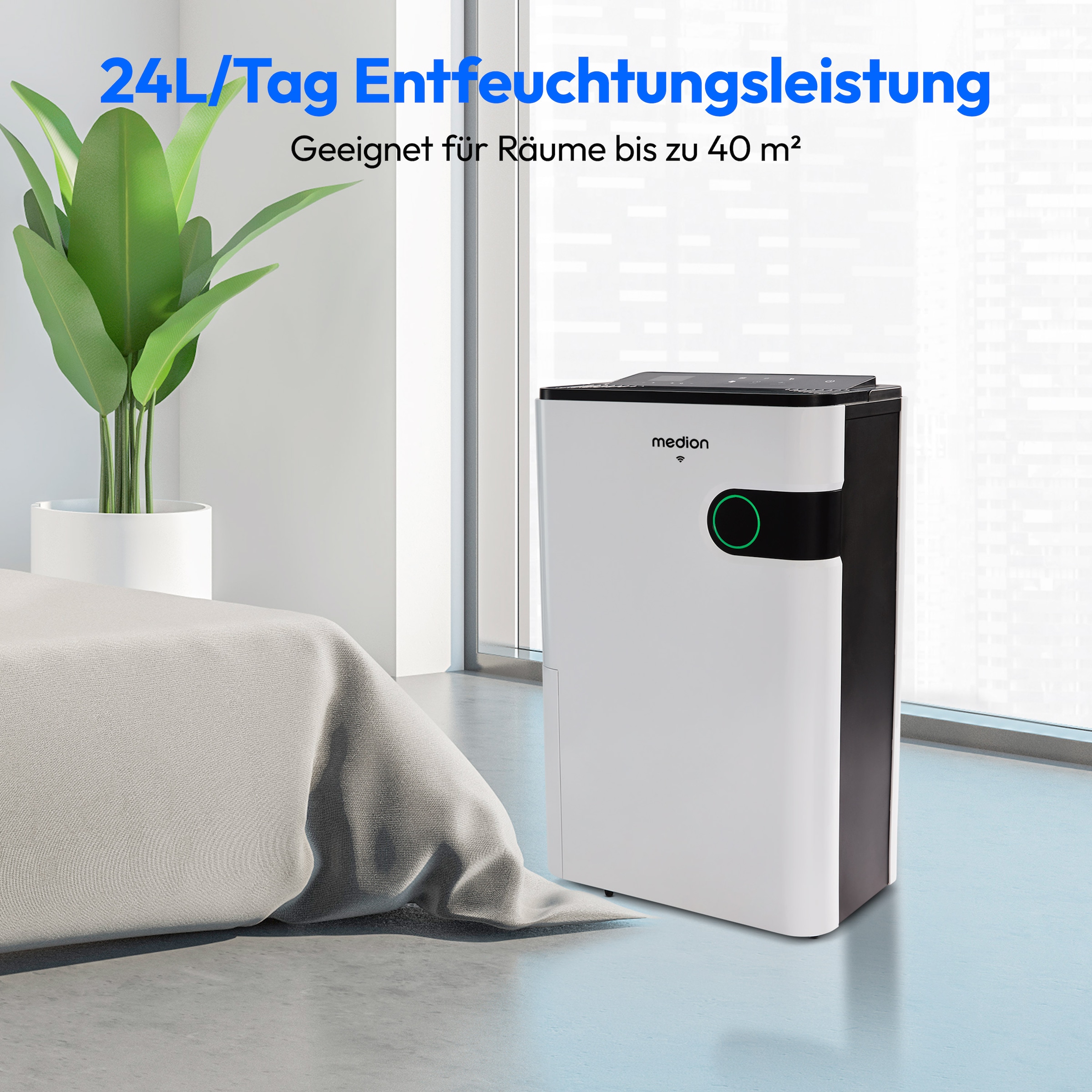 Medion® Luftentfeuchter »Smarter Luftentfeuchter (MD12044), für Räume bis zu 40m²«, Entfeuchtung 24 l/Tag, Tank 5 l, Steuerung per App oder Fernbedienung, Volumen Wassertank ca. 5L