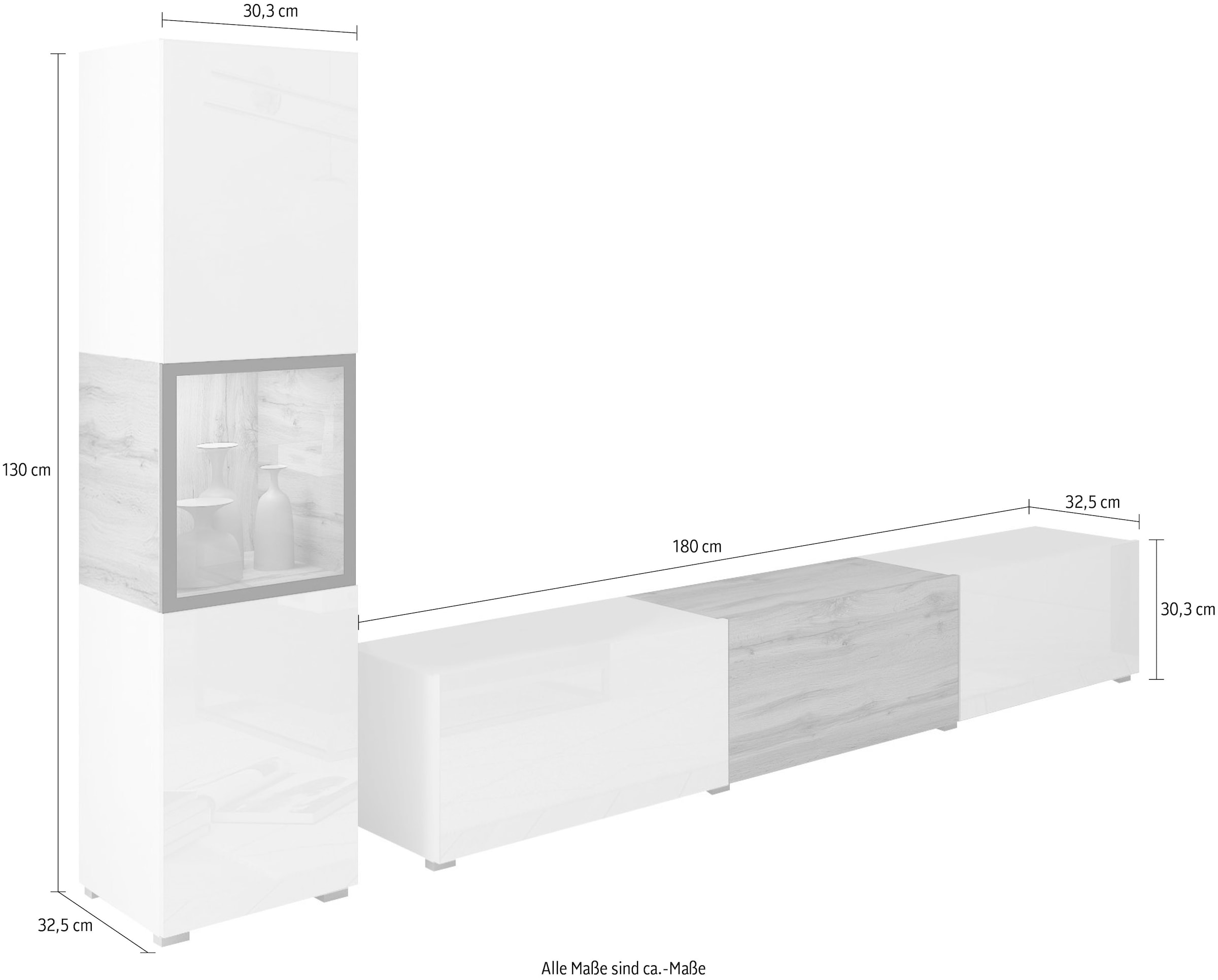 INOSIGN Wohnwand »BERLIN I, Vitrine Türschlag links/rechts wechselbar«, (Komplett-Set, 2 St.), moderne grifflose Mediawand Breite 220 cm, Vitrine mit Verglasung