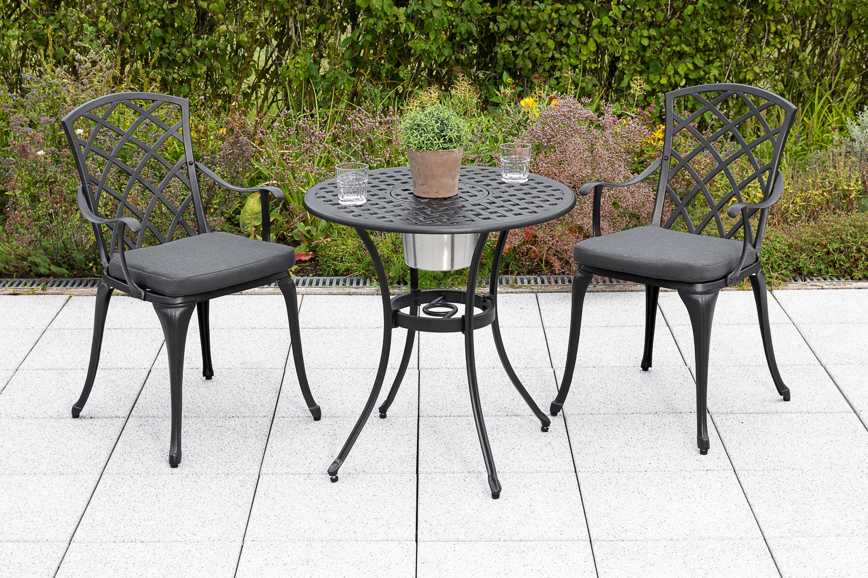 MERXX Garten-Essgruppe »»Rhodos«« Set, Aluminiumguss, Inkl. Auflagen, 5 Stk. tlg. Tisch: Øx H: 70x70 cm