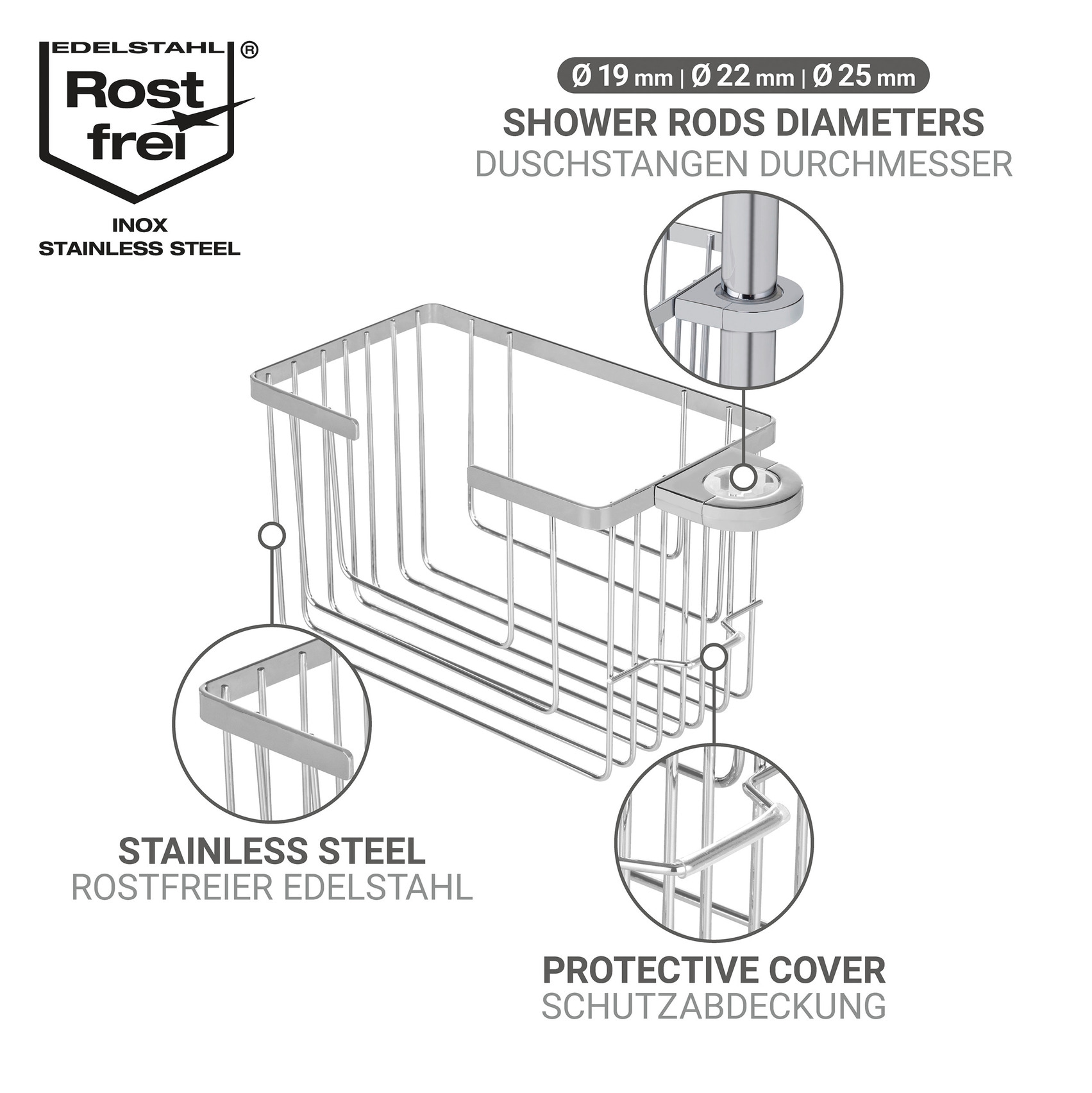 WENKO Duschablage »Valognes« Duschstangencaddy aus rostfreiem Edelstahl, Montage ohne Bohren