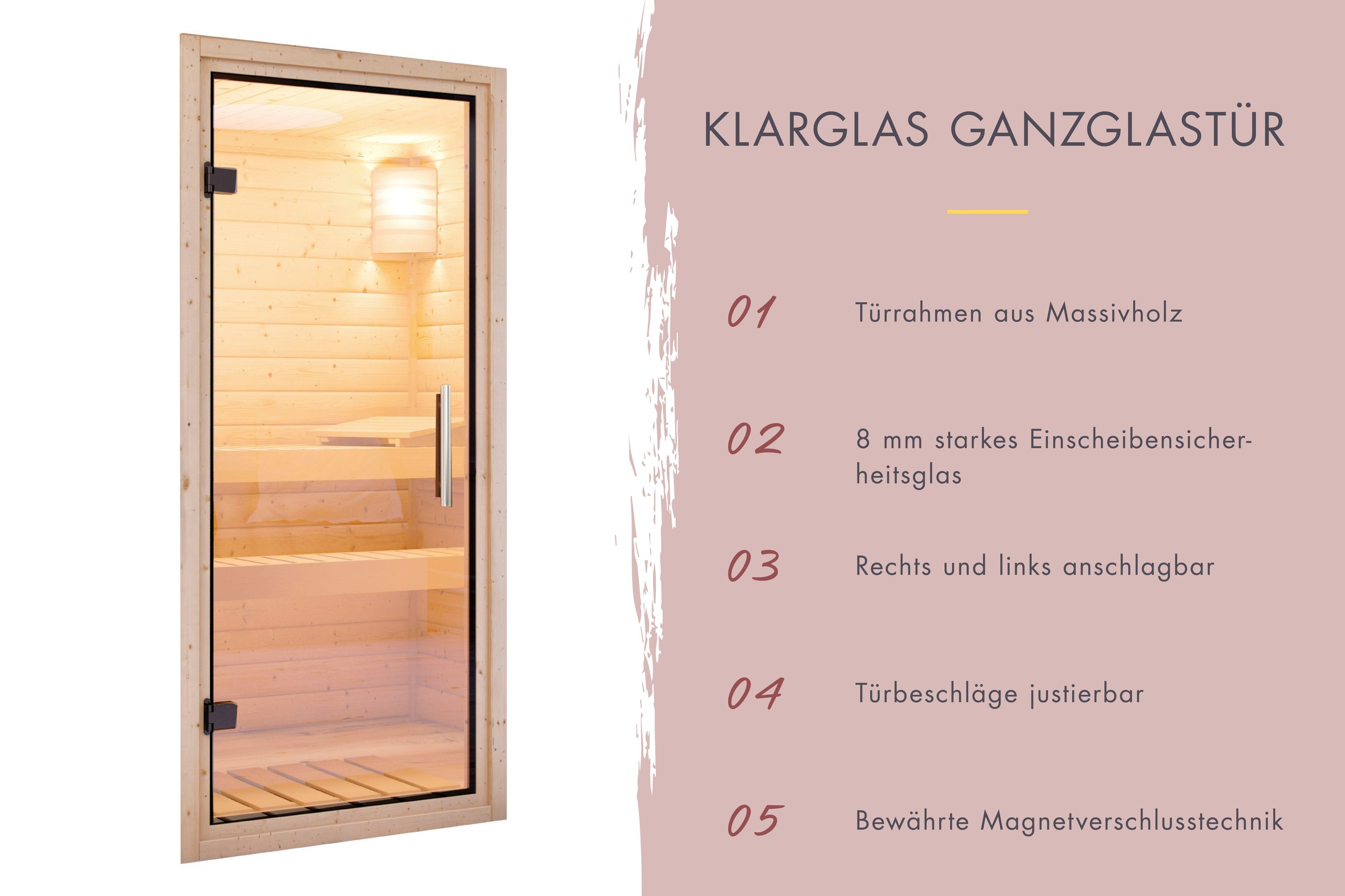 Karibu Sauna »"Sonja" mit Klarglastür und Kranz naturbelassen«