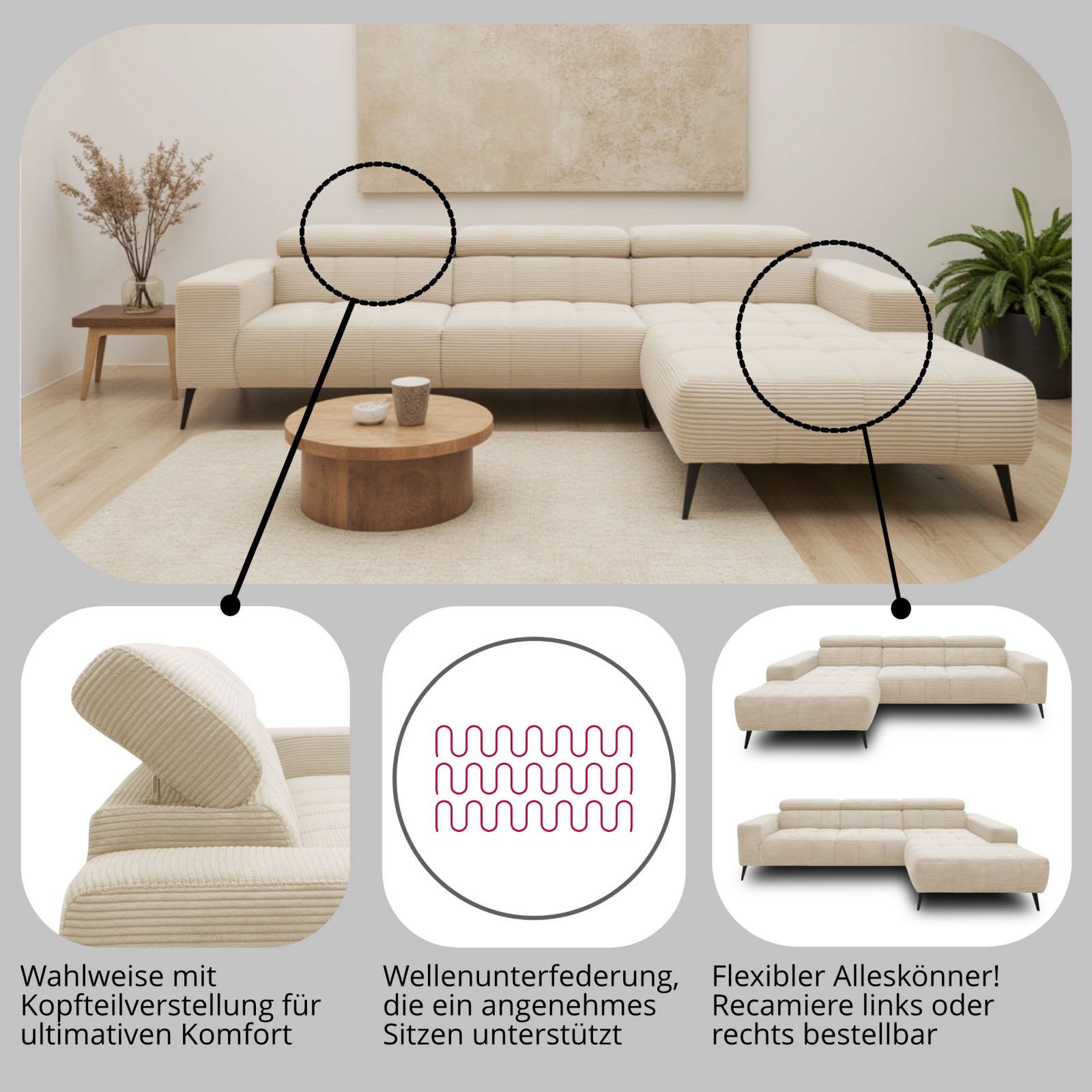 DOMO collection Ecksofa »Trento L-Form, mit Kufenfuß oder Einzelfuß«, wahlweise mit Kopfteilverstellung, Recamiere links/rechts bestellbar
