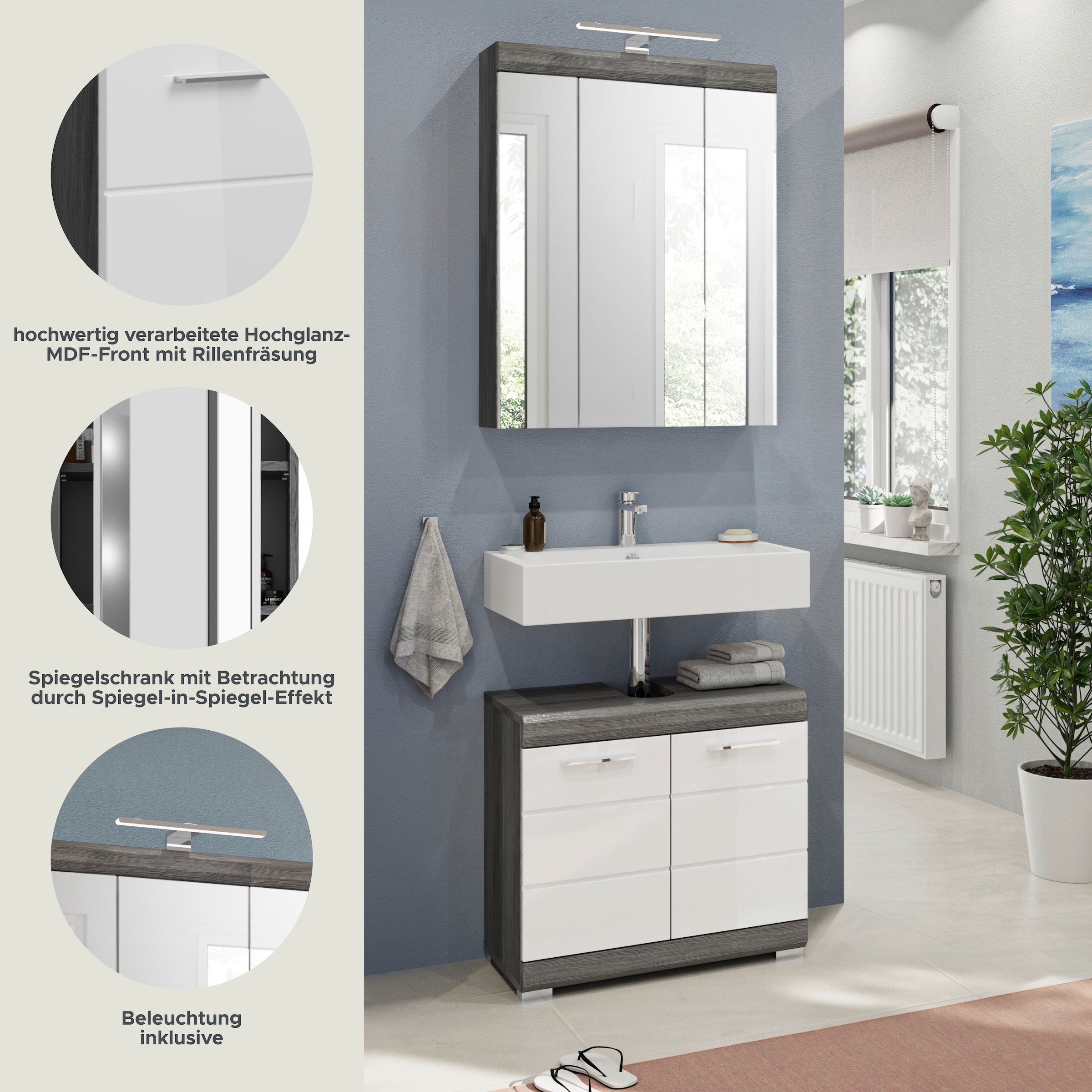 INOSIGN Badmöbel-Set »Siena, 2 teilig, inklusive LED Beleuchtung, bestehend aus:«, (Set, 2 St.), Waschbeckenunterschrank, Spiegelschrank, LED Badaufsatzleuchte