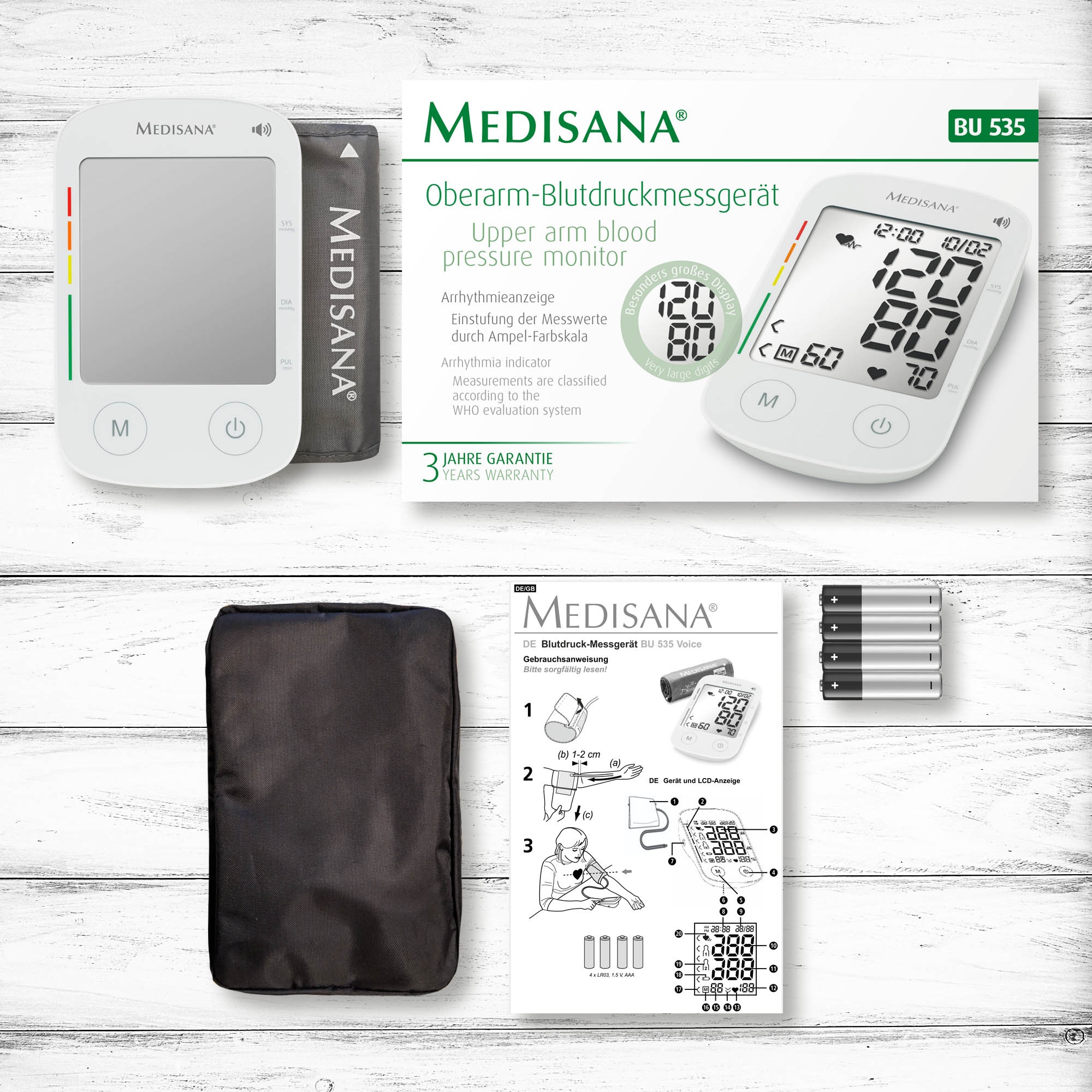 Medisana Oberarm-Blutdruckmessgerät »BU 535 Voice«, Sprachausgabe, unregelmäßige Herzschlaganzeige, Je 120 Speicherplätze