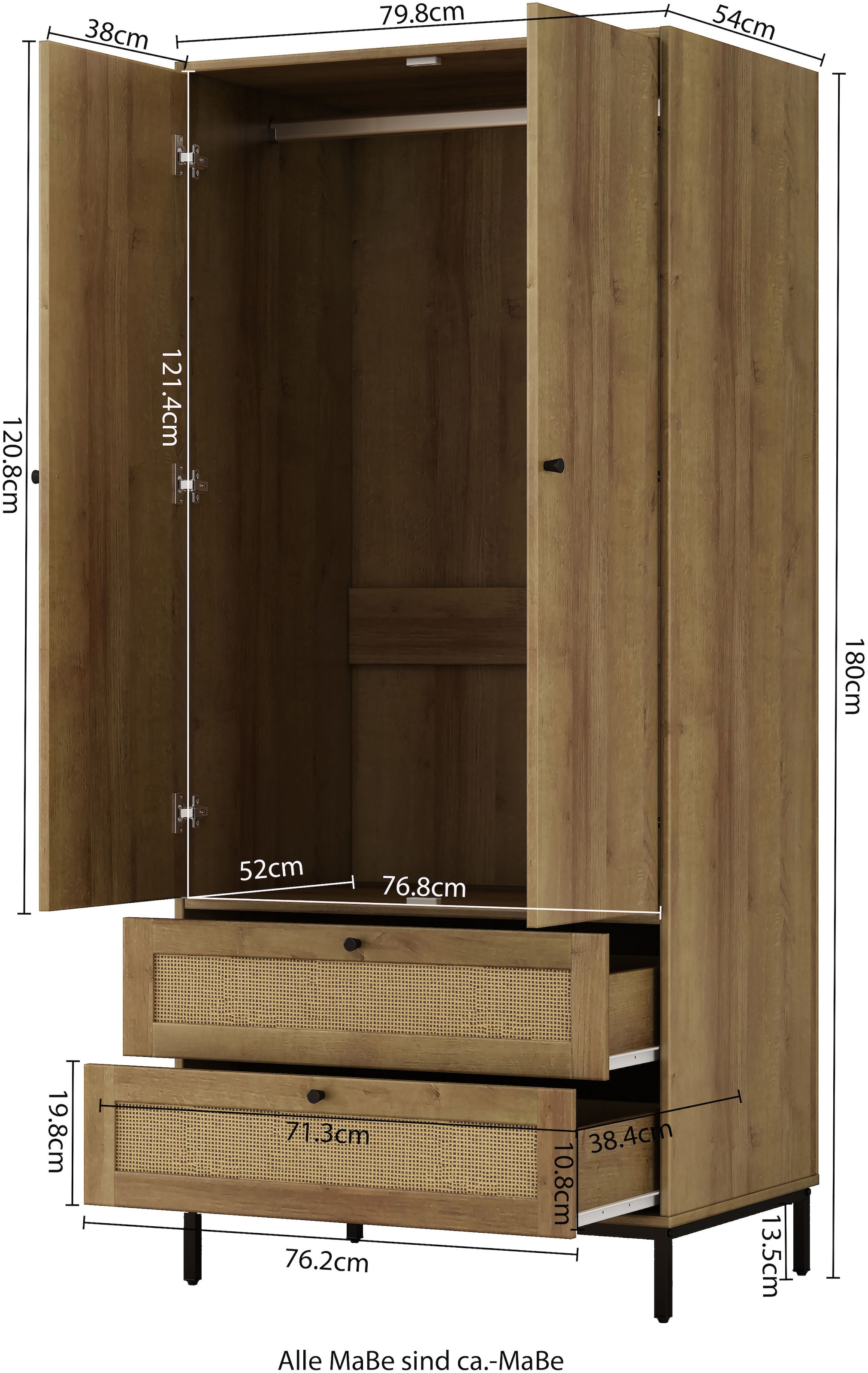 OTTO home Kleiderschrank »Motala Schlafzimmerschrank Garderobe Boho Eichen-Design Bestseller« Moderne schwarze Griffe, Schublade mit Geflecht, 