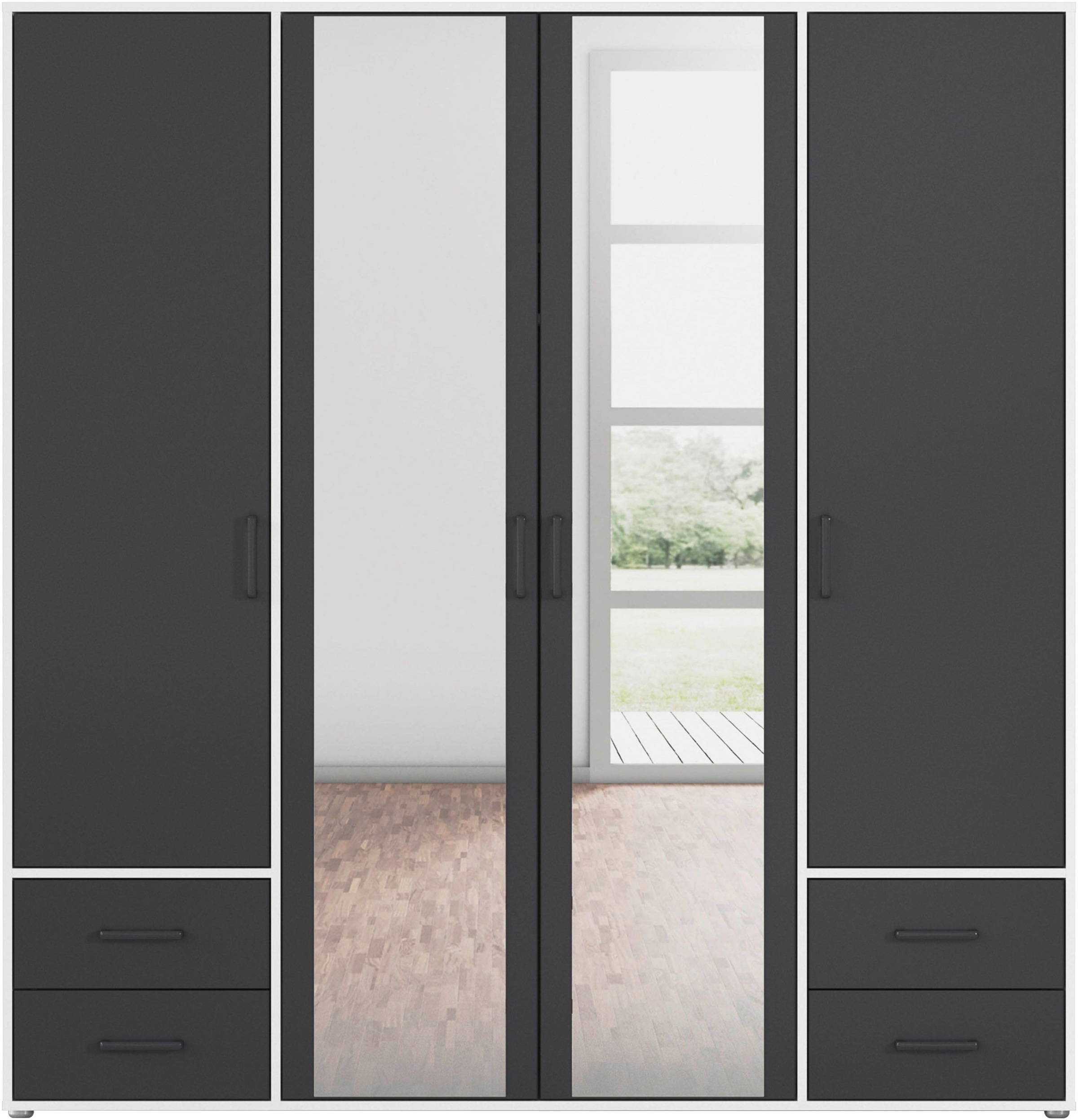 rauch Drehtürenschrank »Kleiderschrank Schrank Garderobe Wäscheschrank VOYAGER«, (in 3 verschiedenen Ausstattungen BASIC/CLASSIC/PREMIUM), mit modernen Griffen in Graumetallic, inkl. Schubkästen und Spiegel