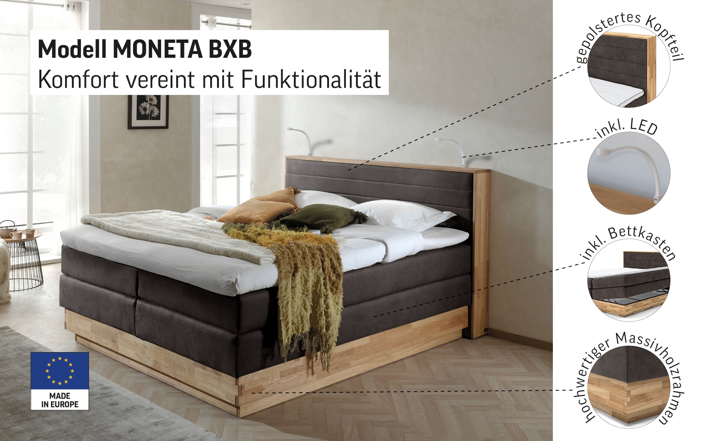 Home affaire Boxspringbett »Cavan«, Eiche, inkl. Bettkasten & Topper, verschiedene Härtegrade (auch H4)