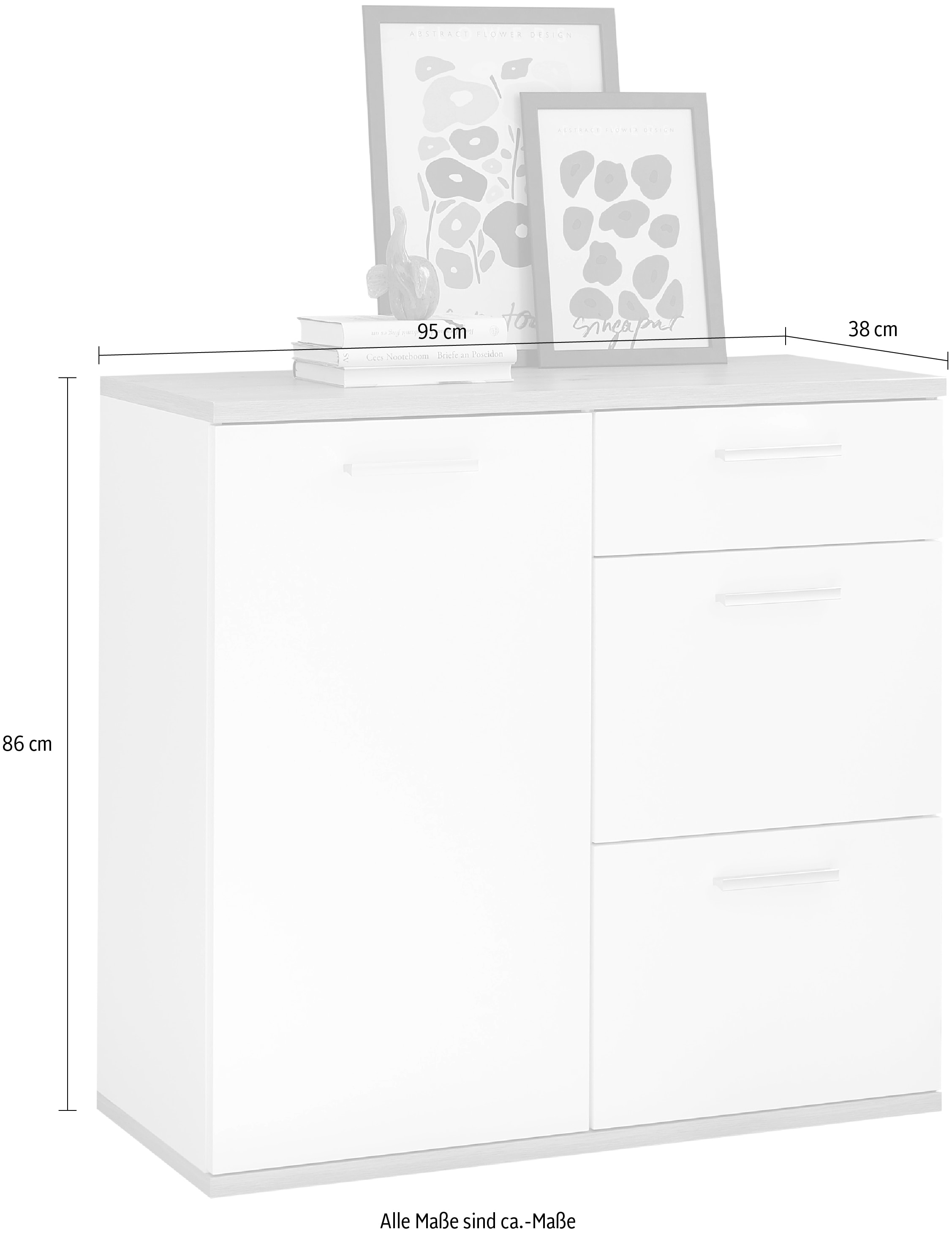 HBZ Kommode »BC1035 weiß matt, BxHxT 95x86x38 cm«, Kommode mit 1 Tür, 3 Schubkästen, 1 Einlegeboden