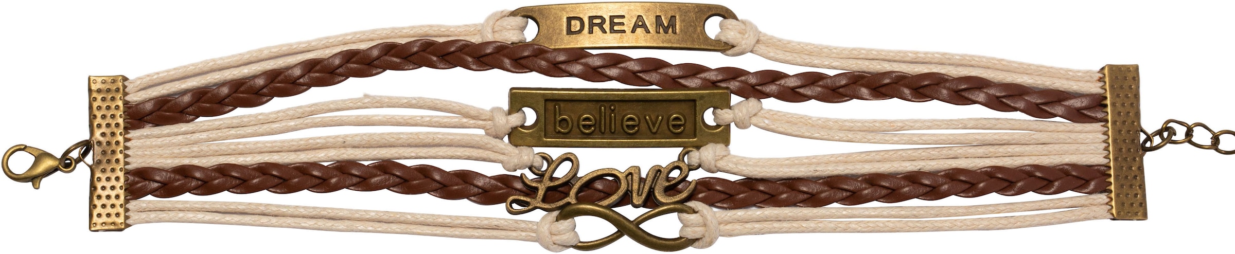 Firetti Armband »Schmuck Messing Leder DREAM believe Love Infinity Unendlichkeit«, Made in Germany