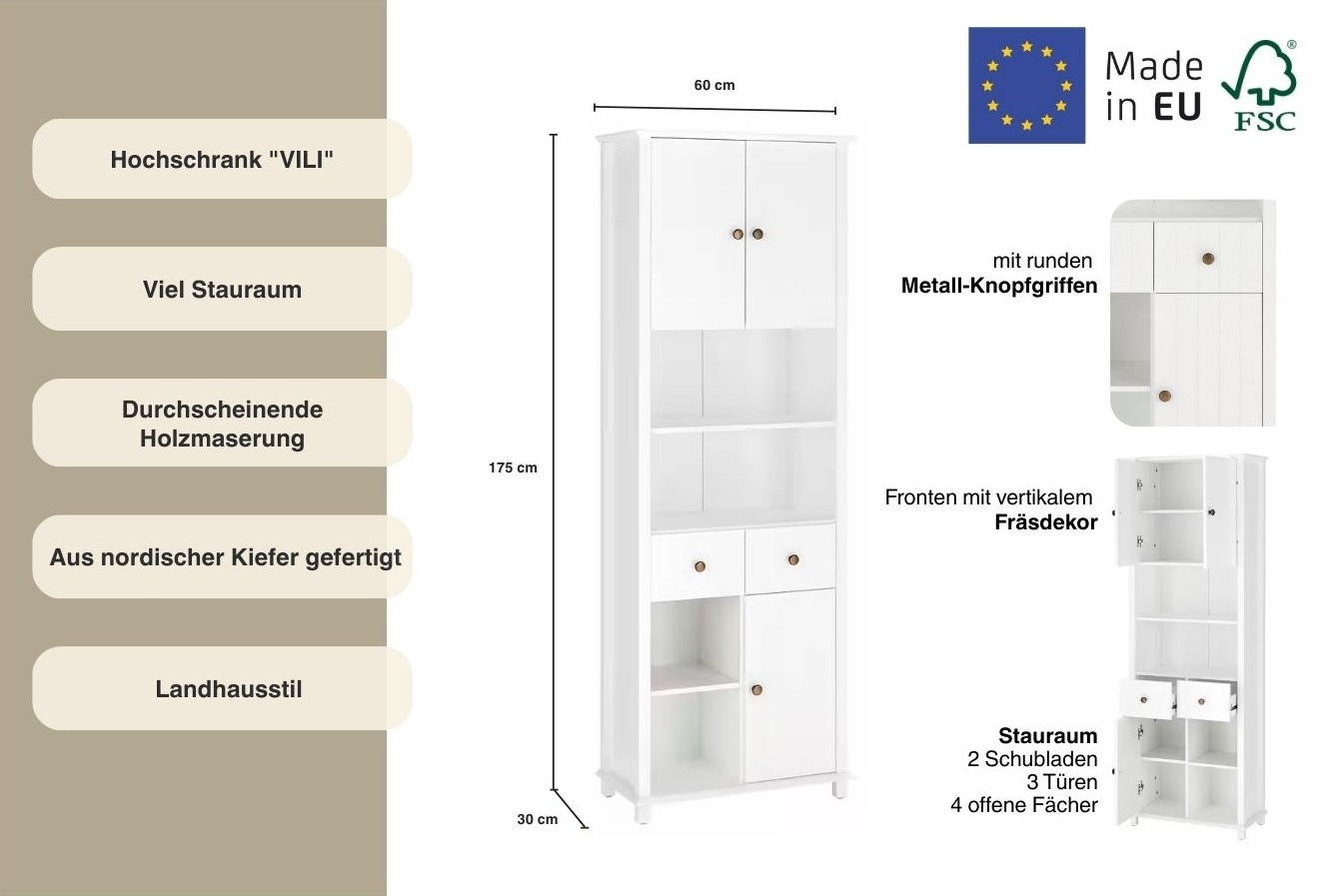 Home affaire Hochschrank »Vili«, Badezimmerschrank, Höhe 175 cm, 2 Schubladen, 3 Türen, aus Massivholz