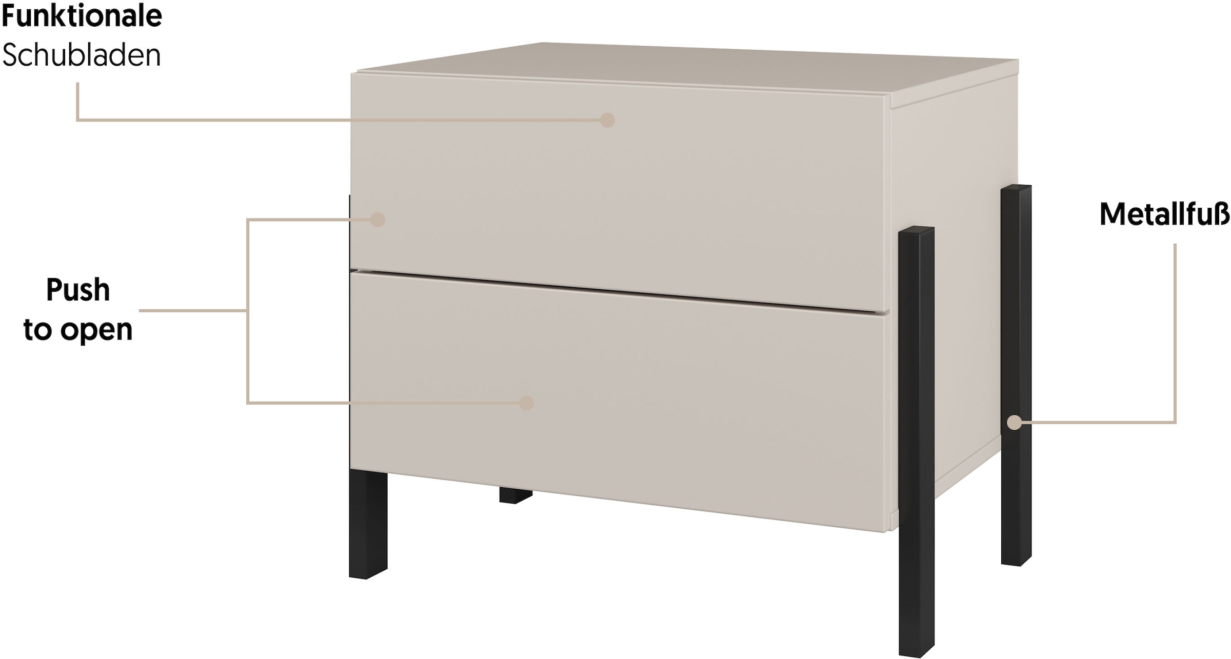Home affaire Nachtkommode »Jukon, Breite 59 cm, moderne Kommode mit zwei Schubladen«, Nako mit zwei Schubladen, push to open Funktion