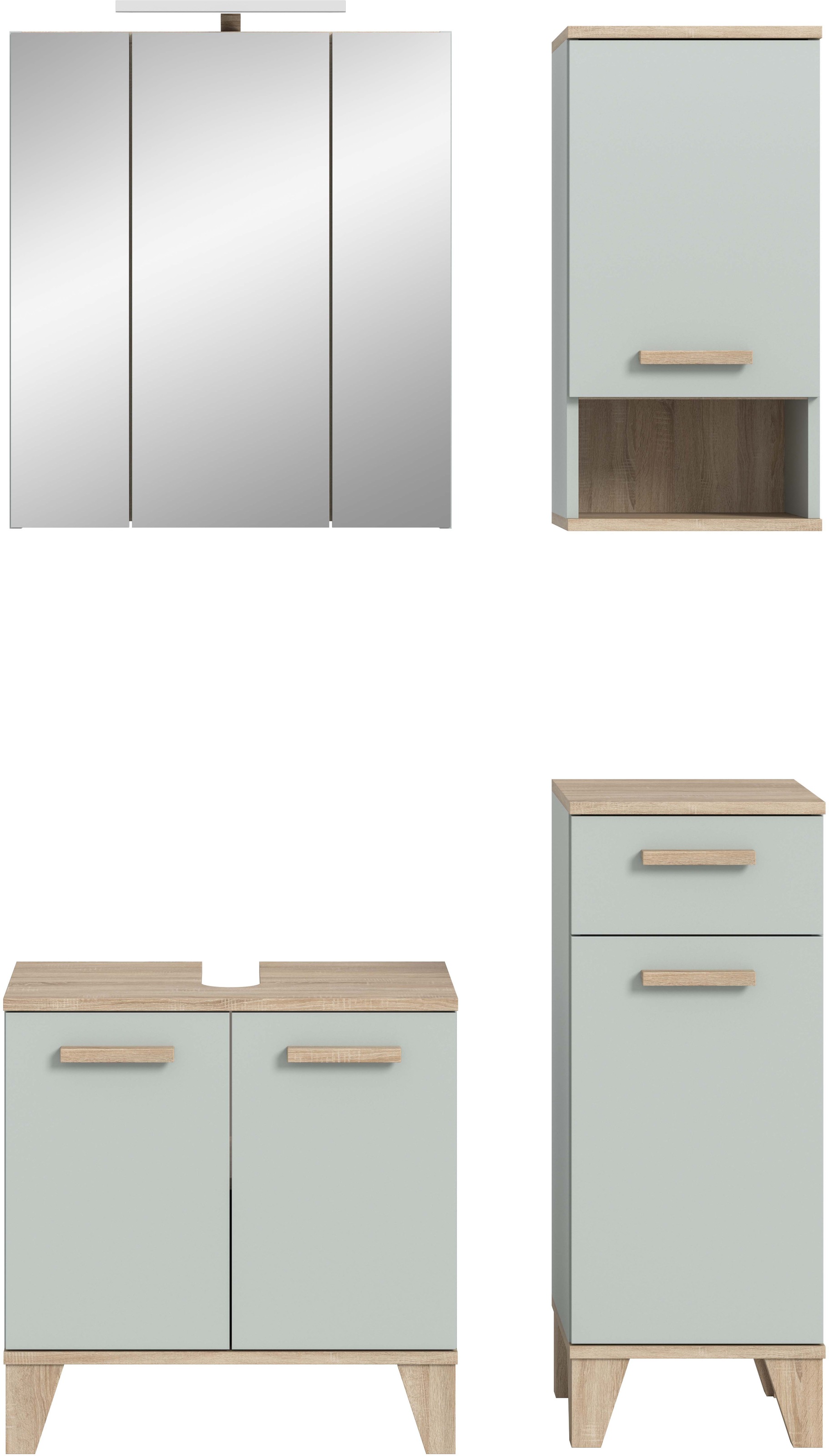 welltime Badmöbel-Set »MINTTU, 4-teilige moderne Badkombi im SCANDI-Look, inkl. Beleuchtung« bestehend aus: Midischrank, WBU, Spiegelschrank, Hängeschrank, 4 Stk. tlg.