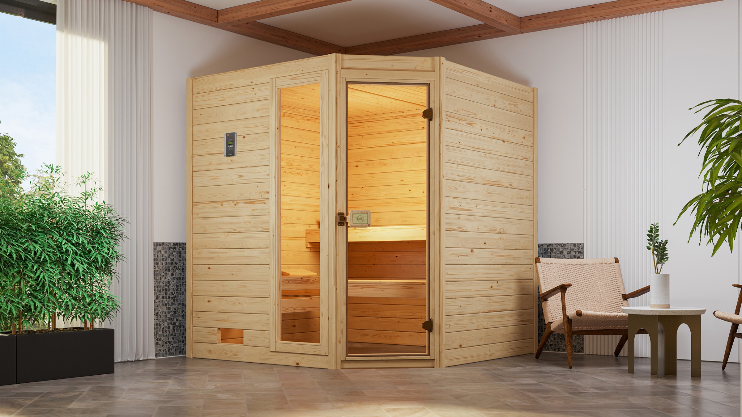 weka Sauna »Massivholzsauna VALIDA Eck 1.8«, Blockbohlen, Fensterelement, m günstig online kaufen