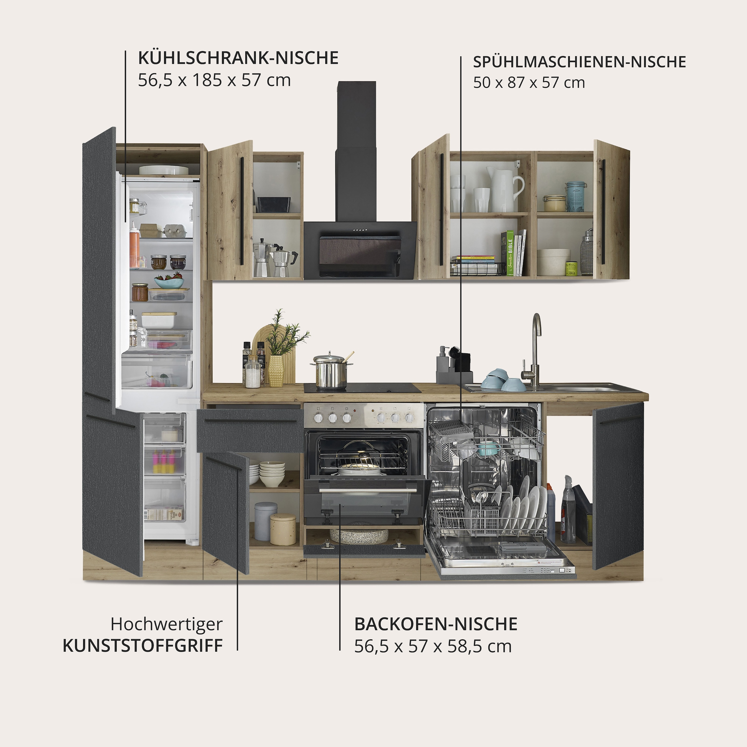 KOCHSTATION Küchenzeile »KS-Florida mit 38mm starker Arbeitsplatte« Breite 280 cm, wahlweise mit E-Geräten, Soft-Close-Funktion