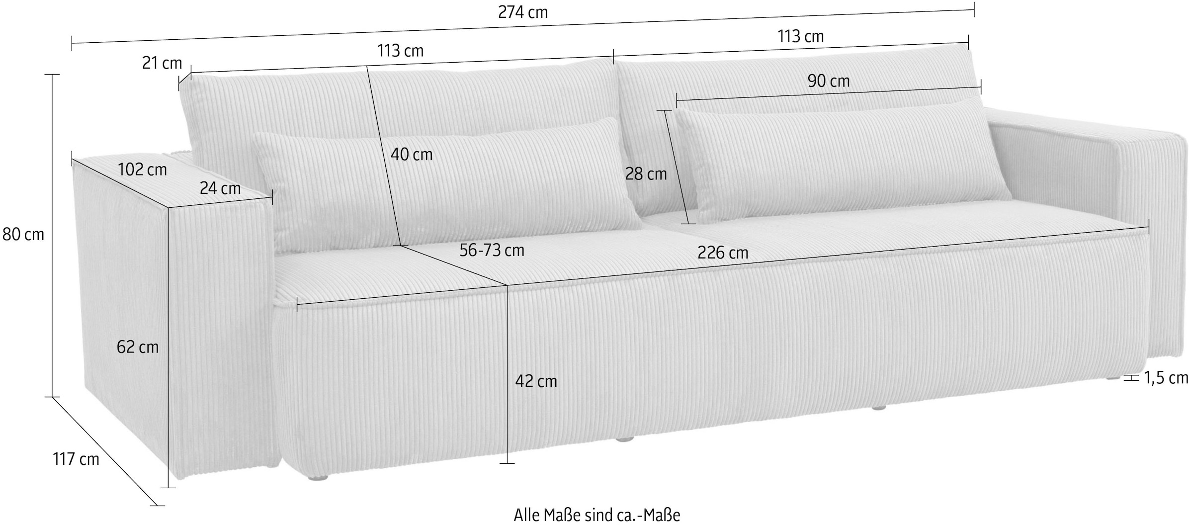 OTTO home 4-Sitzer »Tillian, Schlafsofa, Schlafcouch« Breite 274 cm, Breitkord, Sitzfläche mit Taschenfederkern