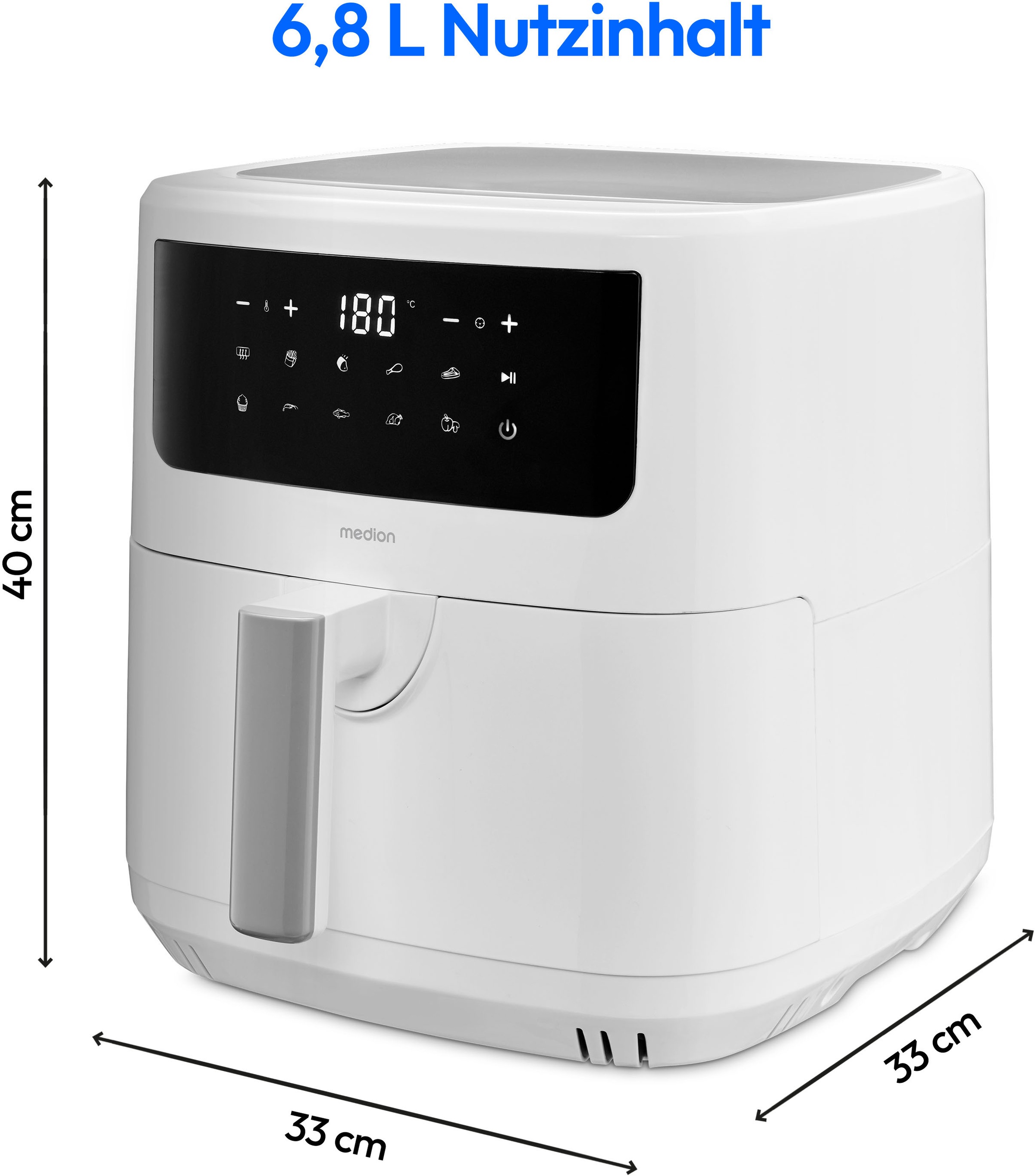 Medion® Heißluftfritteuse »P10 XL (MD 11750), 6,8 L Korbvolumen, 9 Automatikprogramme, Vorheizen«, 2000 W, Fassungsvermögen 6,8 l, Temperatur einstellbar 50 - 200 °C, ILAG Beschichtung, Timer