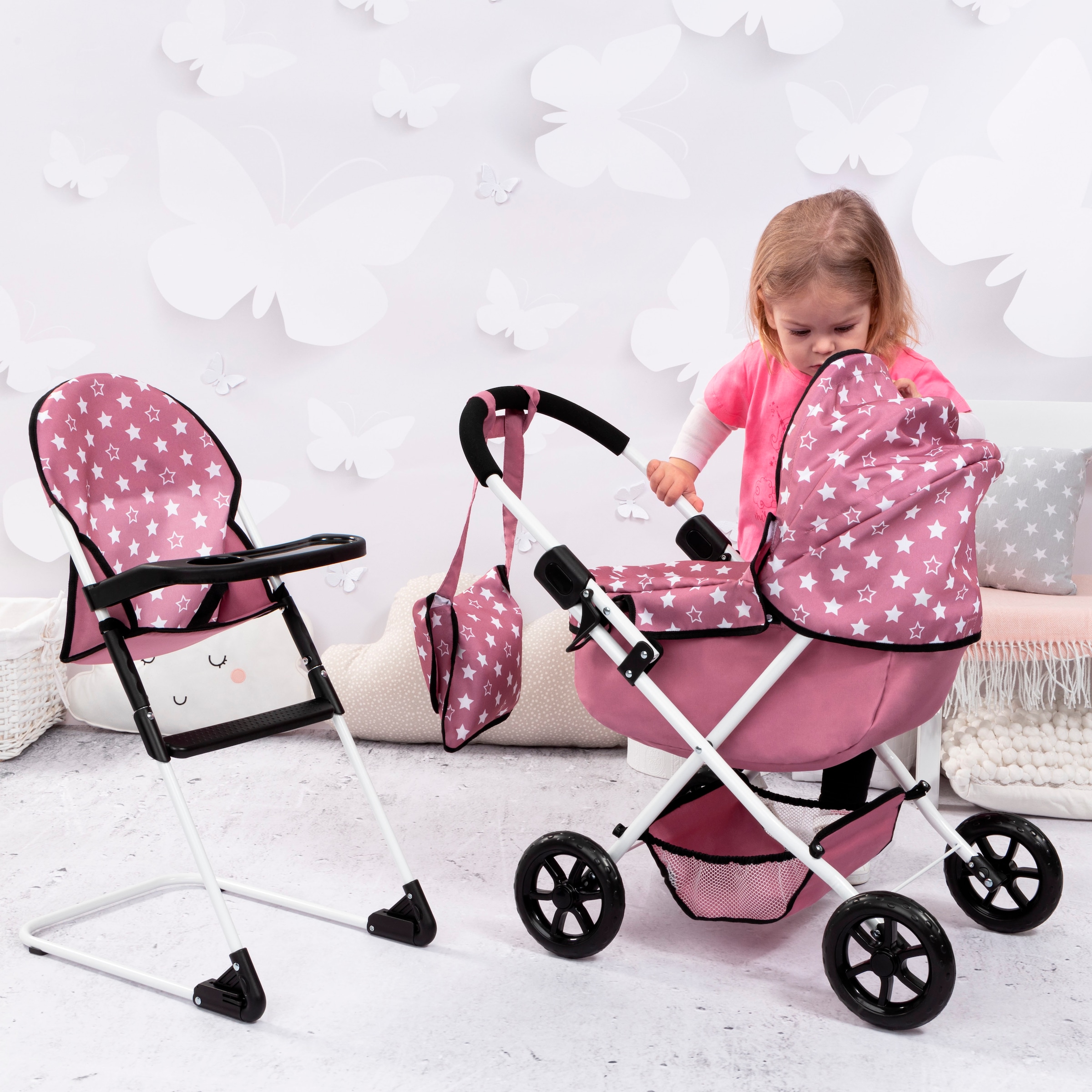 Bayer Puppenwagen »Cosy Set, altrosa«, mit Puppenhochstuhl und Wickeltasche