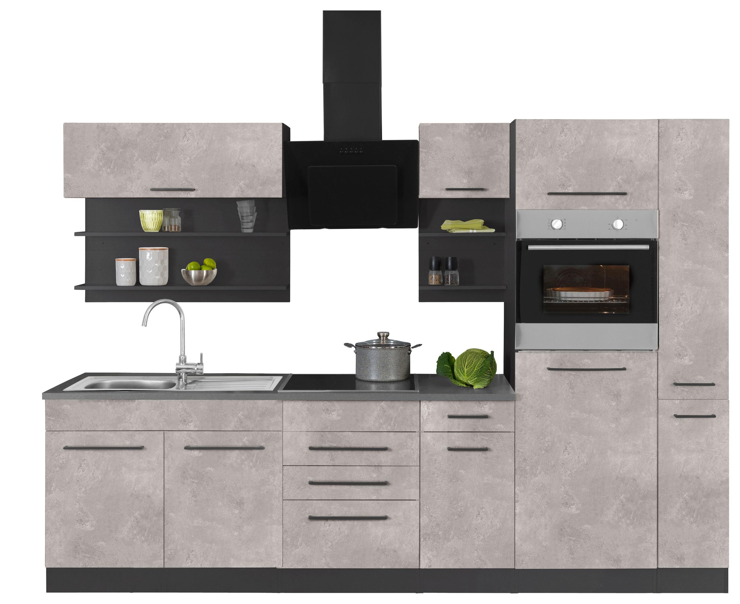 KOCHSTATION Küchenzeile »KS-Tulsa«, mit E-Geräten, Breite 300 cm, schwarze Metallgriffe, MDF Fronten