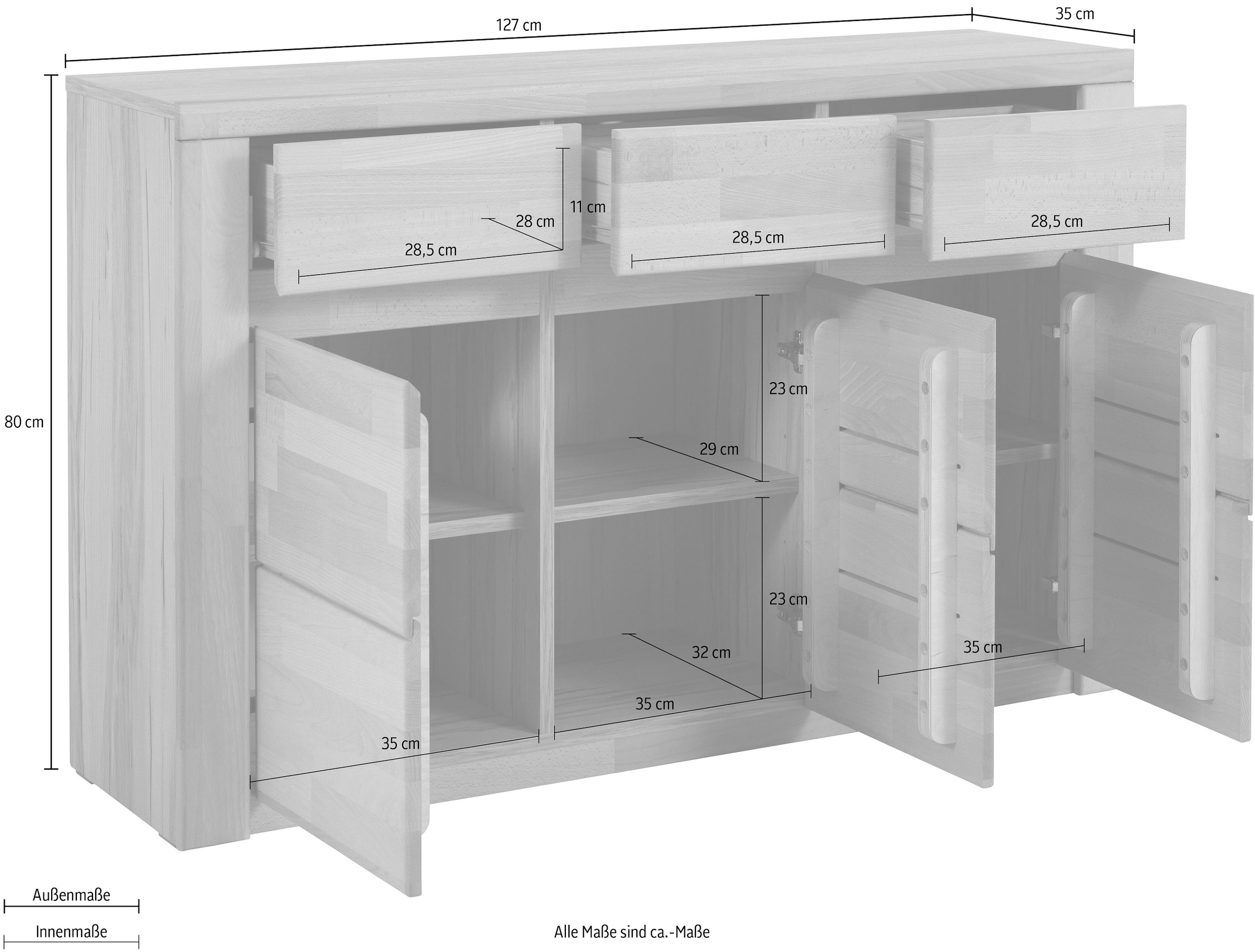 Home affaire Sideboard »Burano,127cm breit, Fronten Massivholz,3 Türen,3 Schubladen,6 Fächer«, Holz massiv,Holzwerkstoff,Griffmulden,Böden variabel einsetzbar