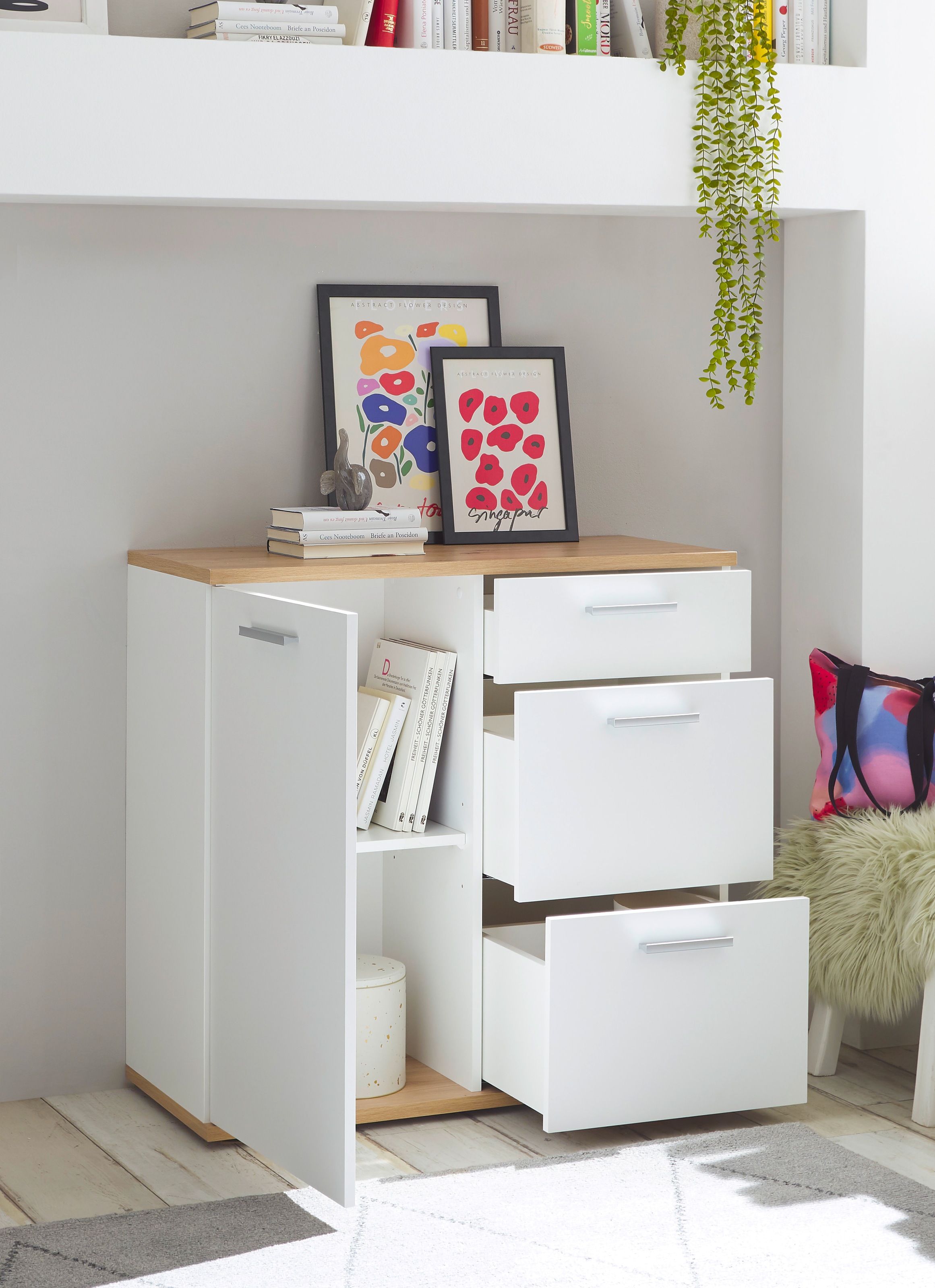 HBZ Kommode »BC1035 weiß matt, BxHxT 95x86x38 cm«, Kommode mit 1 Tür, 3 Schubkästen, 1 Einlegeboden