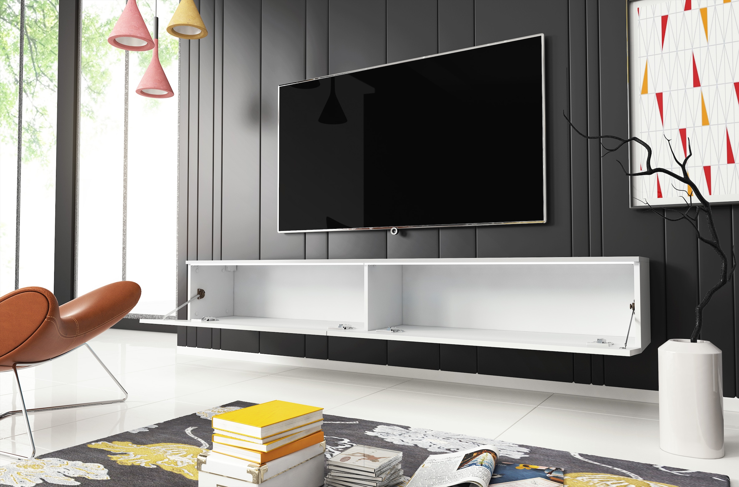 INOSIGN Lowboard »LOWBOARD VERA, wahlweise mit oder ohne Beleuchtung«, Modernes griffloses TV-Board, 180 cm TV-Schrank, stehend und hängend