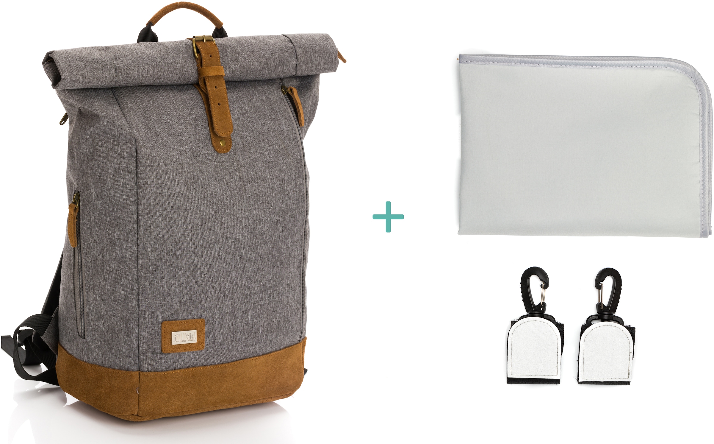 Fillikid Wickelrucksack »Rolltop Berlin, grau melange«, Reflektoren, inkl. Wickeltunterlage
