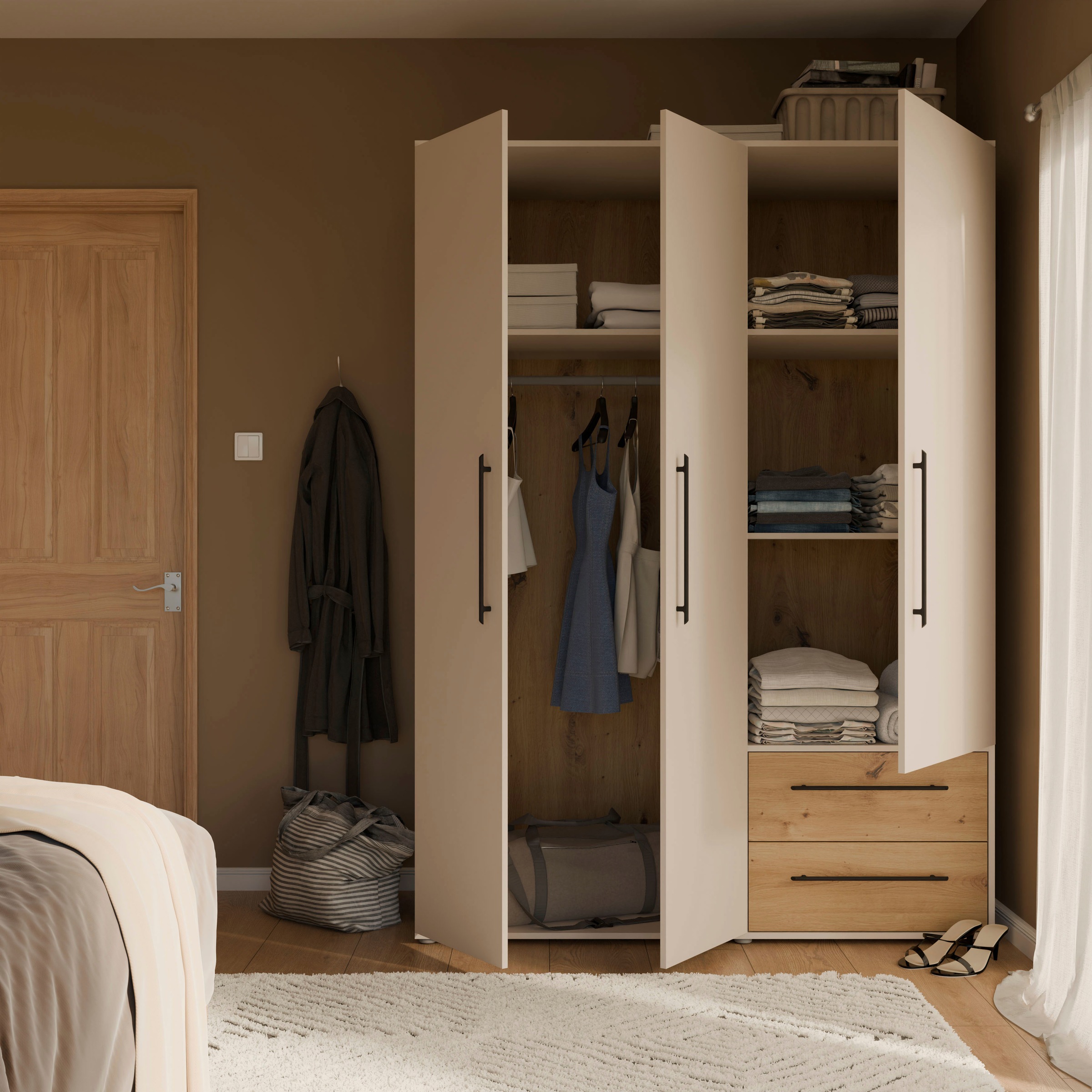 FORTE Drehtürenschrank »Mokkaris, OTTOs Choice, TOPSELLER! 3 Türen, zeitloses Design«, (BHT ca. 145x200x59cm), Schubladen + schwarze Stangengriffe, Made in Europe, viel Stauraum