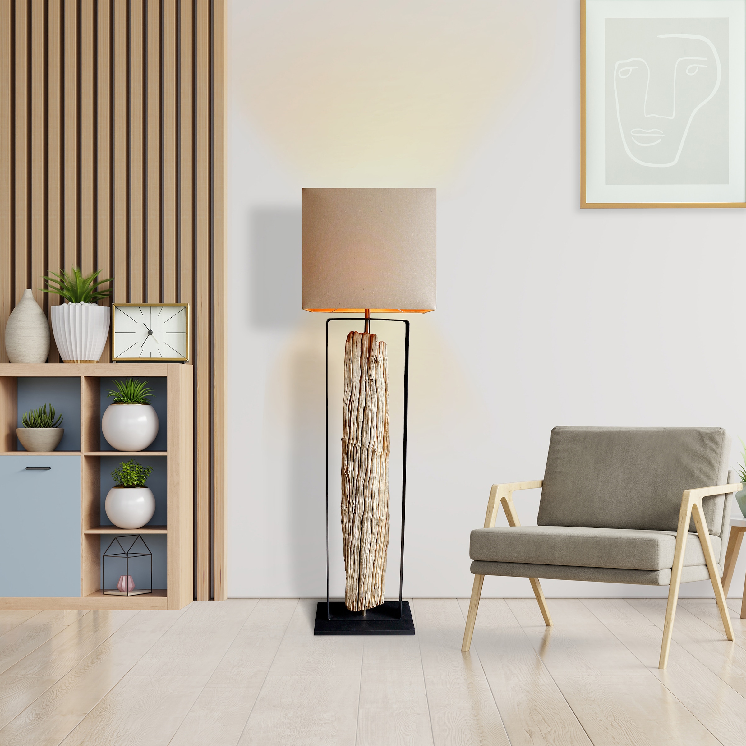 SalesFever Stehlampe »Treibholz«, 1 flammig, Leuchtmittel E27 | ohne Leuchtmittel, Schirm innen goldfarben
