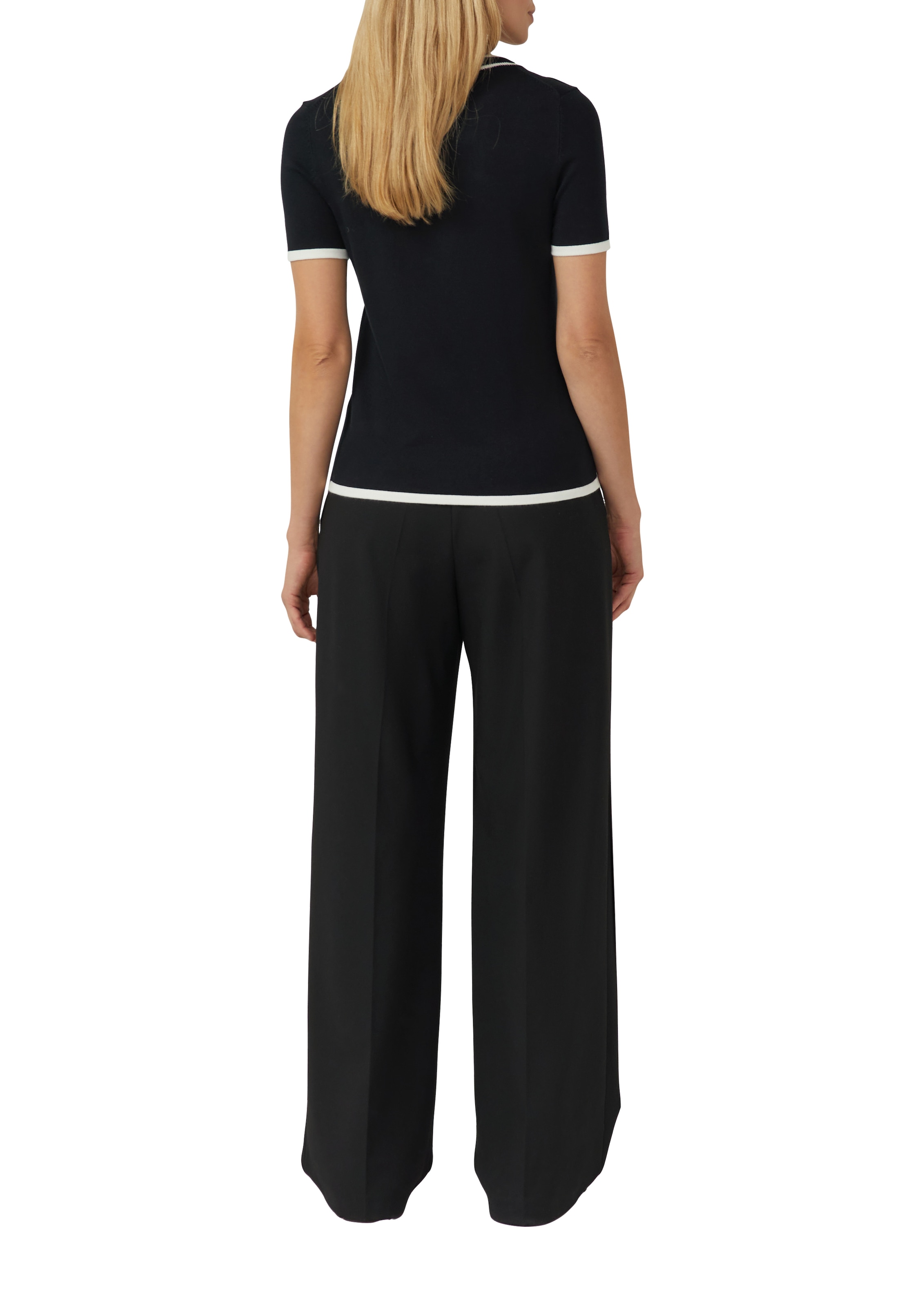 s.Oliver BLACK LABEL Kurzarmpullover Feinstrick, Rundhals mit kontrastfarbenen Bündchen