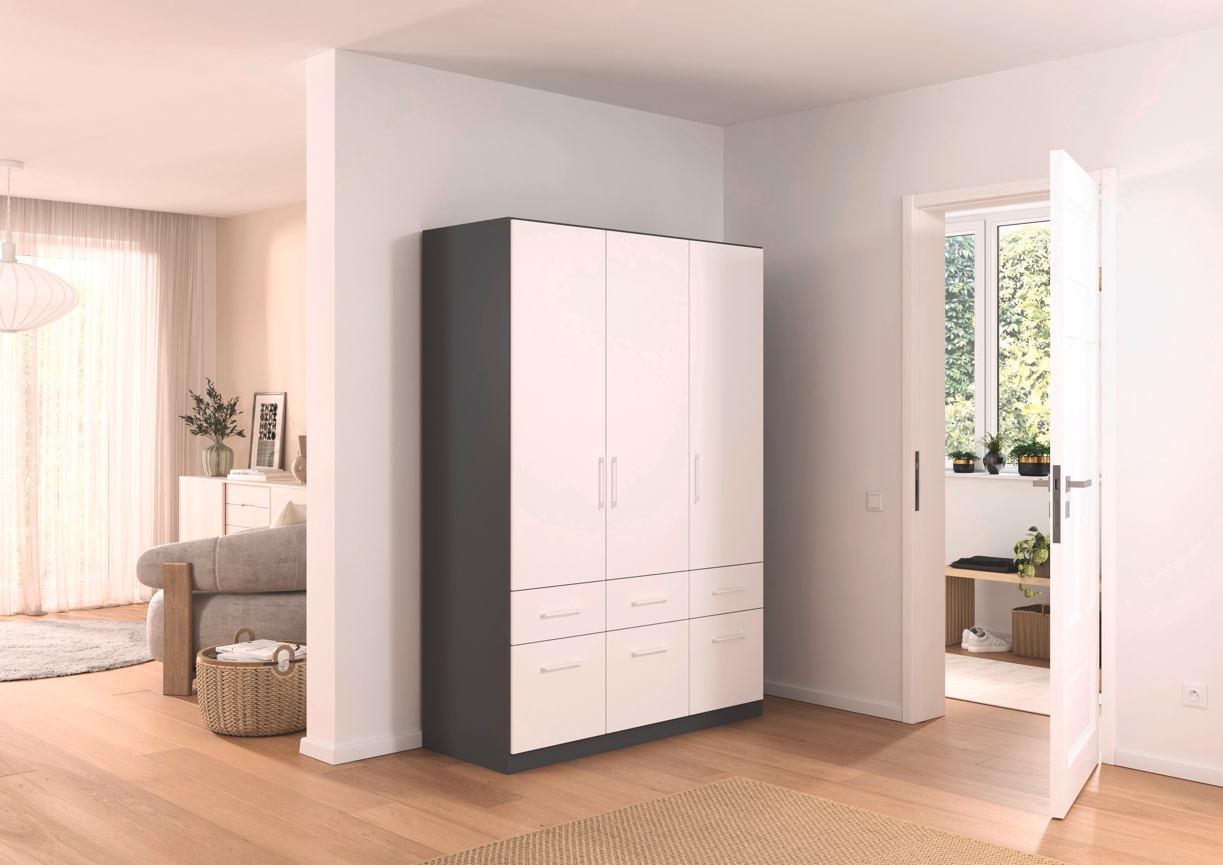 rauch Kleiderschrank »Kleiderschrank Schrank Garderobe Wäscheschrank DUNDEE«, (mit 3 Griff-Varianten), Schubladen in zwei Höhen, optional mit Spiegel MADE IN GERMANY