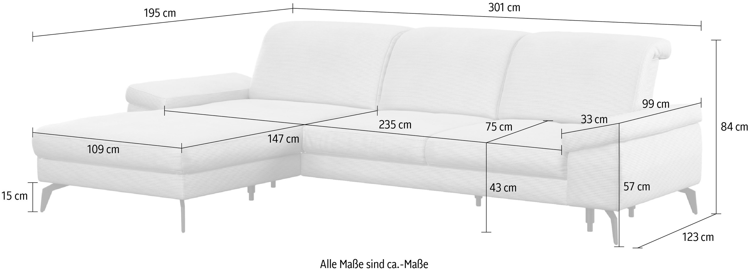 sit&more Ecksofa »Cabana L-Form«, Recamiere, wahlweise mit Sitztiefen-, Armlehnen- und Kopfteilfunktion