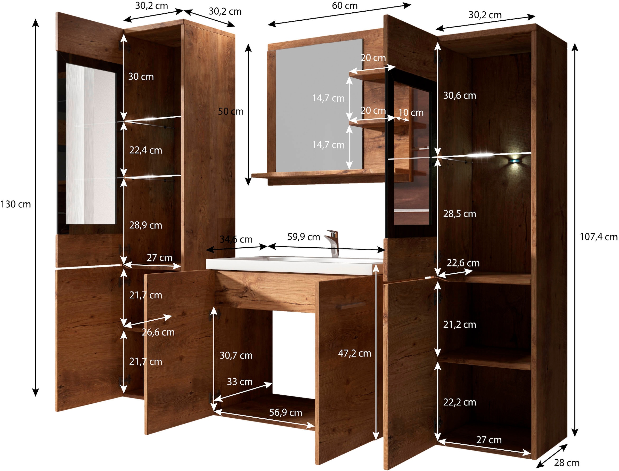 Waschtisch Badschrank, (Komplett-Set, inkl. 4 St., welltime online Waschbecken, Waschbecken), Badmöbel-Set Spiegel »ARONA«, Hochschrank, kaufen mit