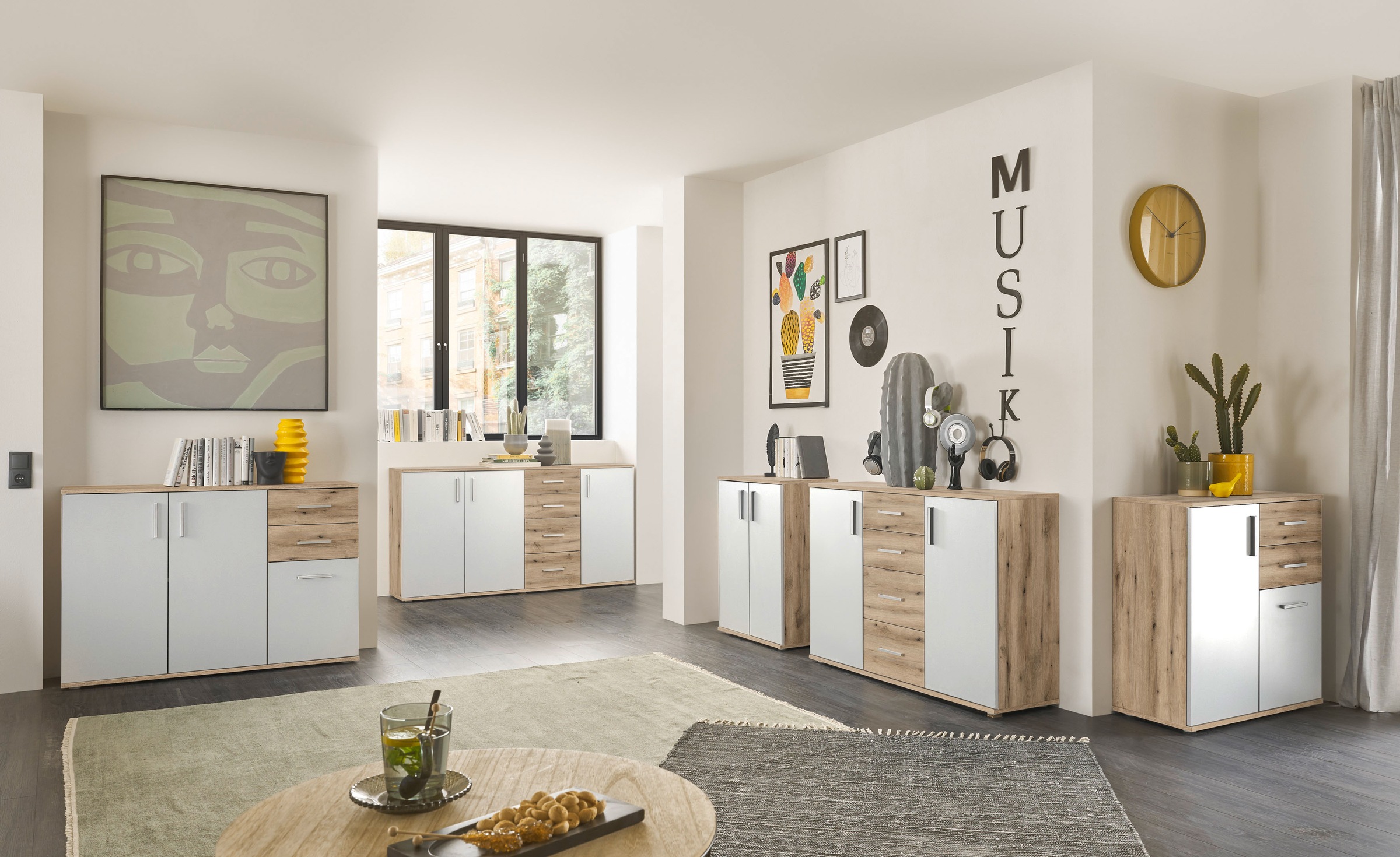 HBZ Kommode »BC-Drift-2, Sideboard Stellmaß BxHxT 120x84x35 cm«, (1 St.), Kommode mit 3 Türen, 2 Schubkästen und 1 Einlegeboden