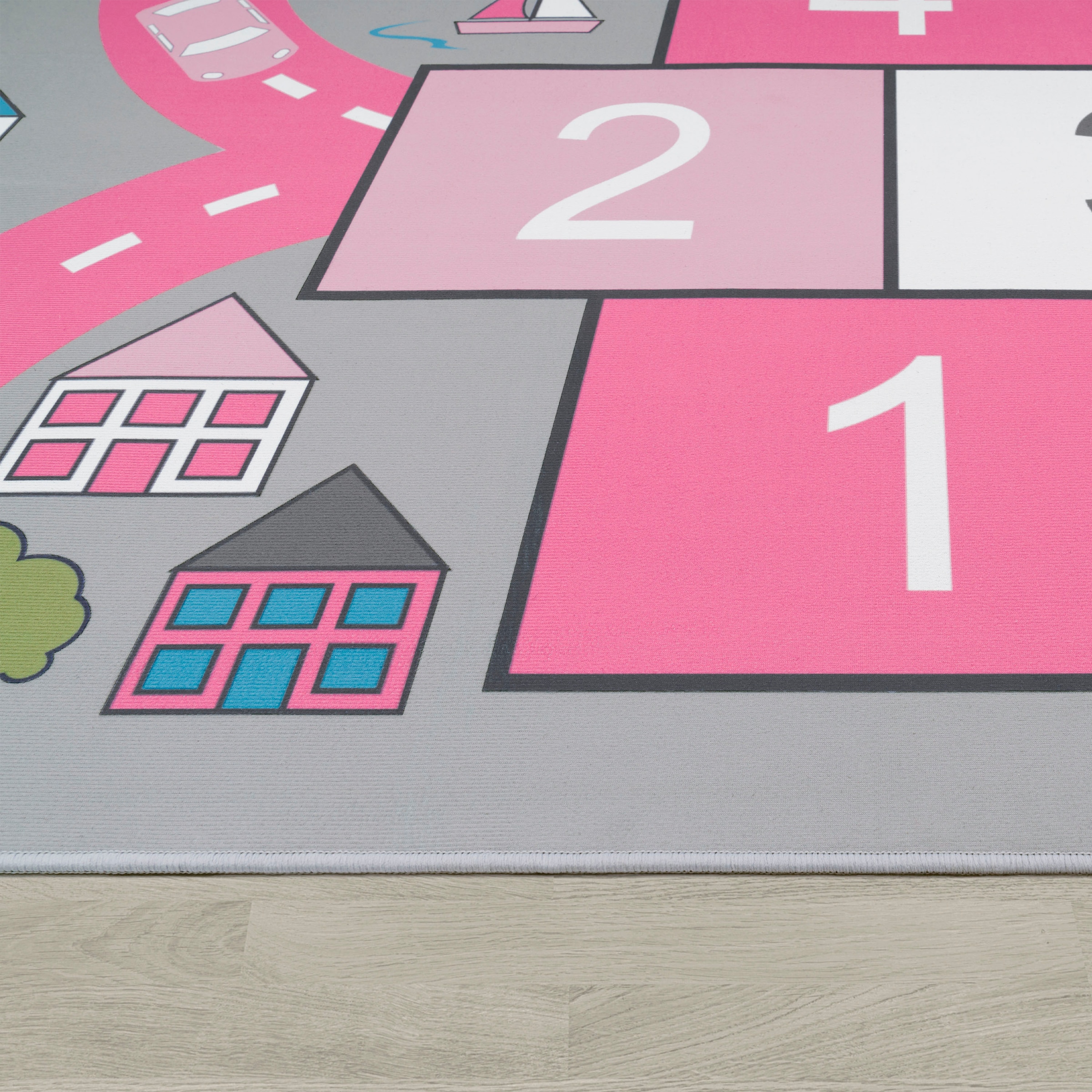 Paco Home Kinderteppich »Bino 569«, rund, 4 mm Höhe, Kurzflor, Straßen-Spiel-Teppich & Spielmotiv Hüpfkästchen