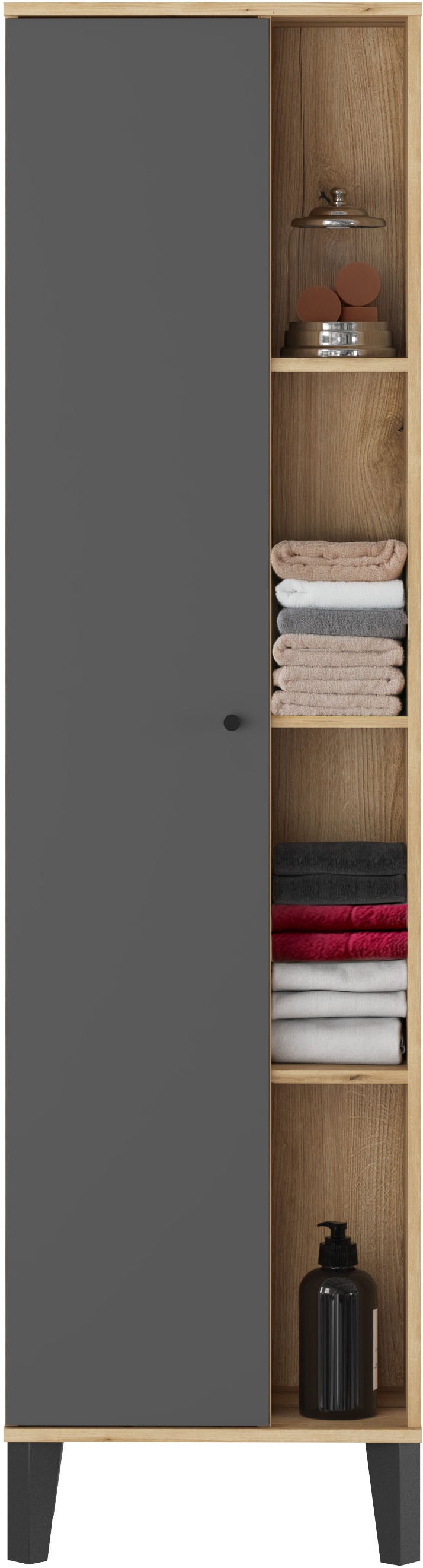INOSIGN Stauraumschrank »Oslo, Badschrank mit Knopfgriff, Hochschrank im skandinavischen Design«, in der Türfarbe Weiß oder Grau verfügbar, ausreichend Stauraum